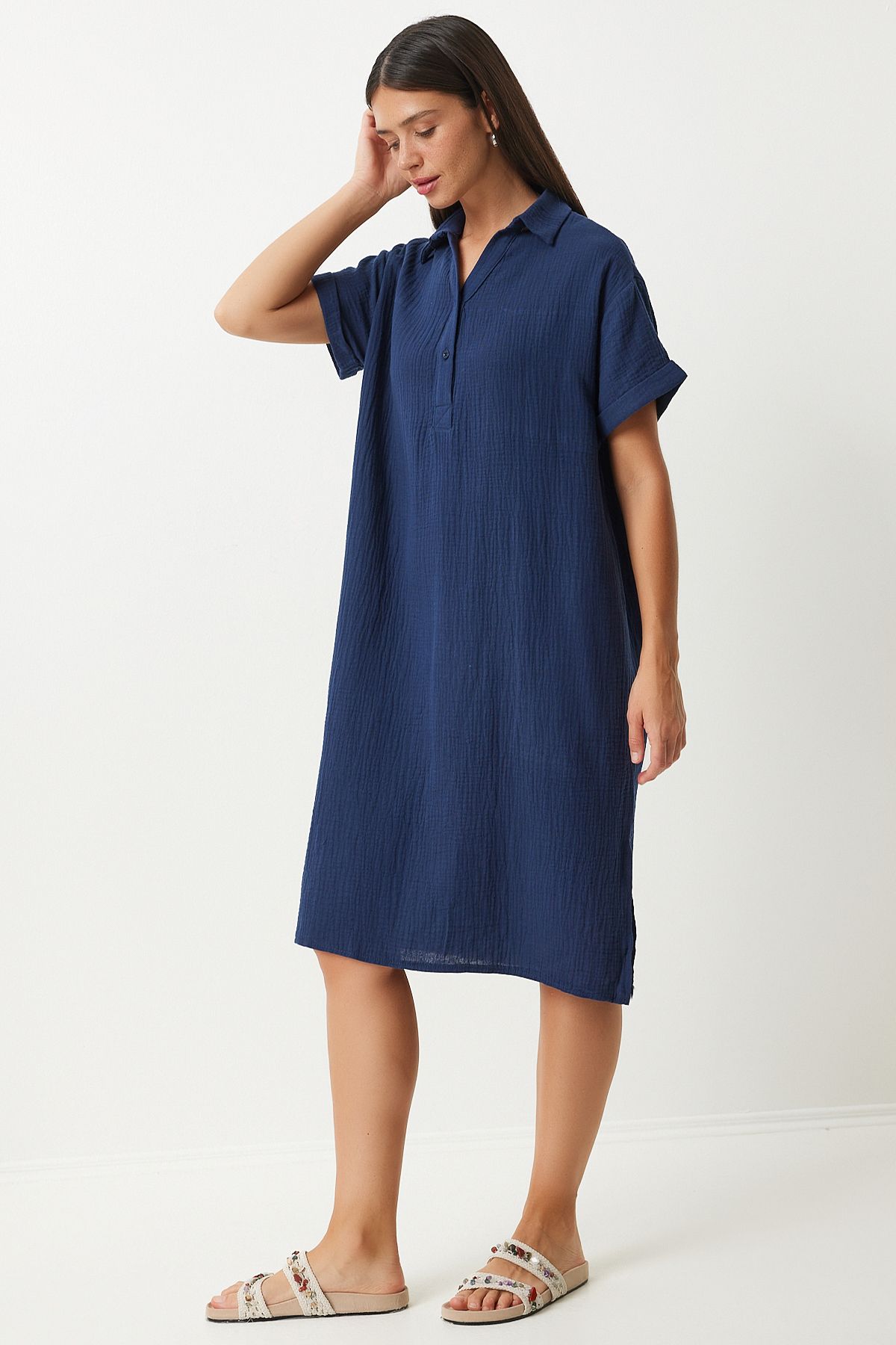 Happiness İstanbul Women's Navy Blue Polo Neck Summer Loose Muslin Dress