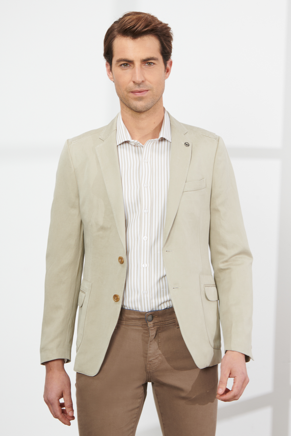Levně ALTINYILDIZ CLASSICS Men's Beige Slim Fit Slim Fit Mono Collar Patterned Linen Blazer Jacket