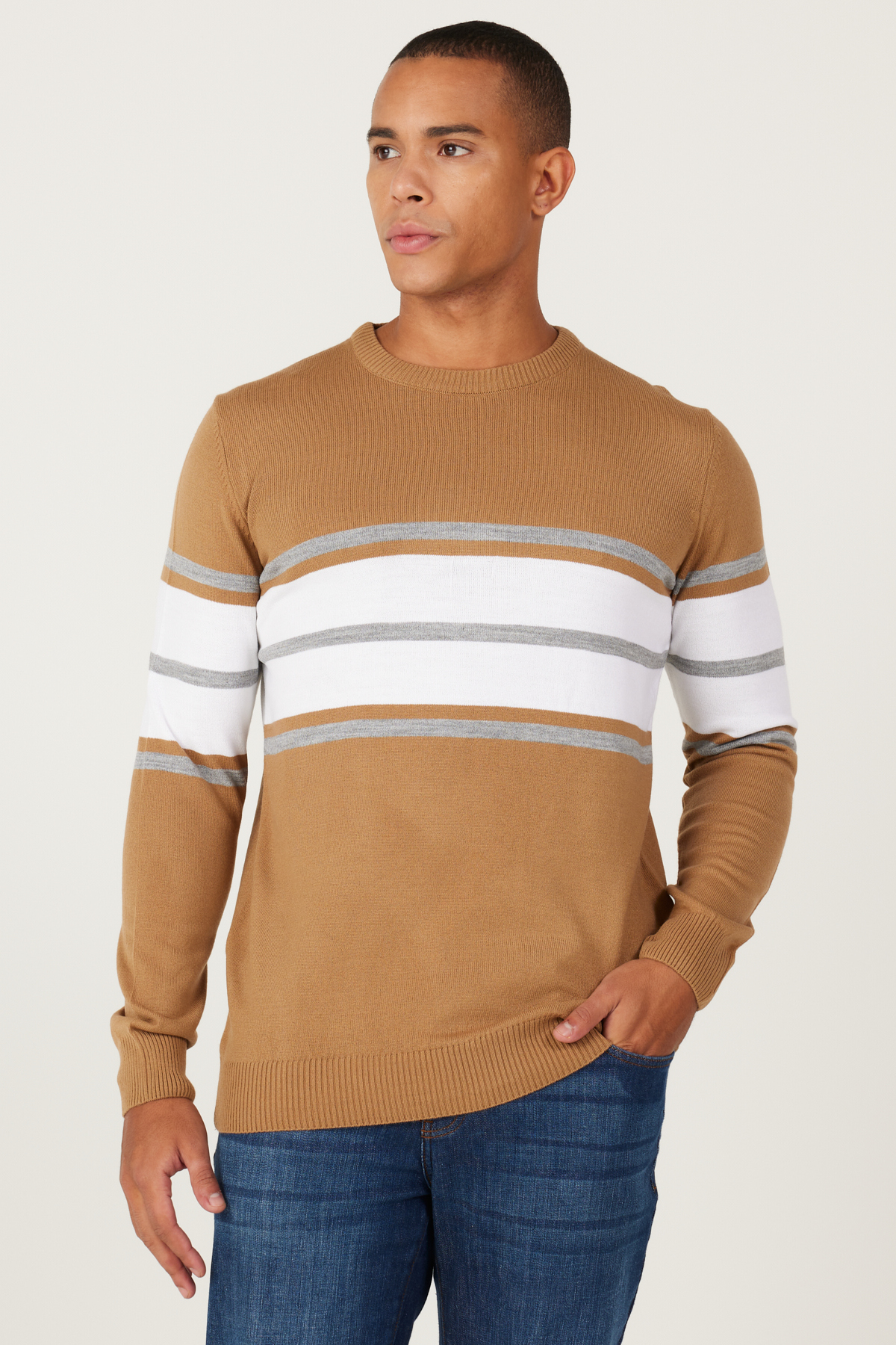 ALTINYILDIZ CLASSICS Men's Light Brown-Cream Standard Fit Regular Fit Crew Neck Striped Knitwear Sweater