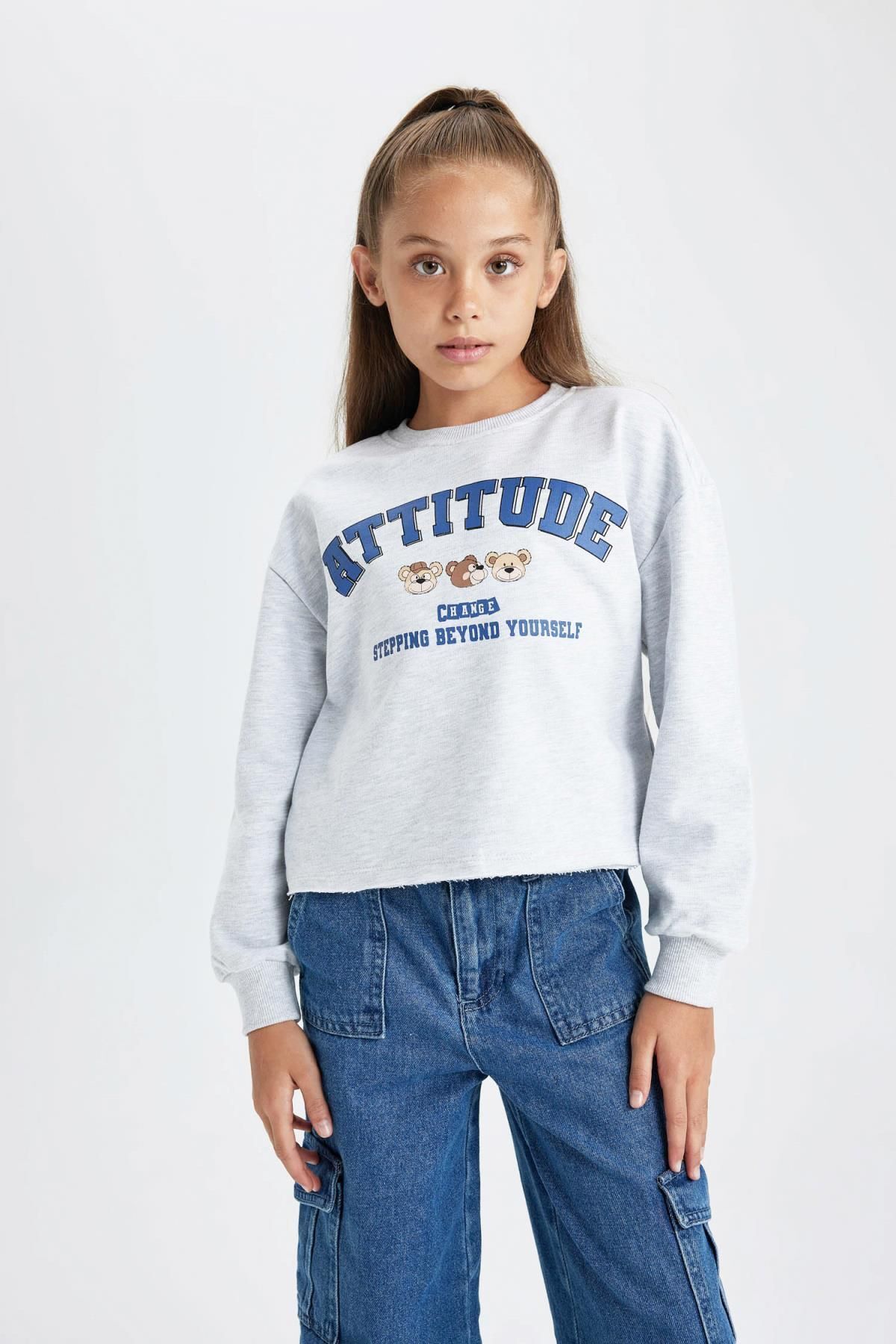 DEFACTO Girl's Crop Crew Neck Sweatshirt