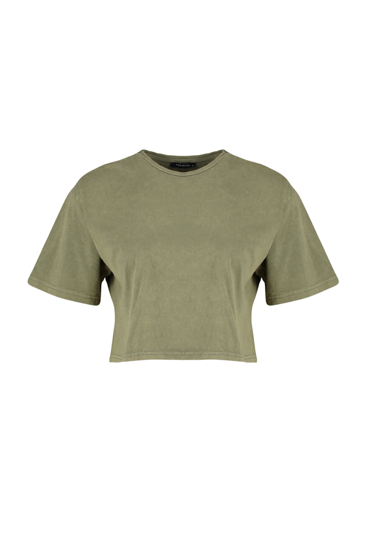 Trendyol Khaki 100% Bavlna S Vypraným Efektom Potlačeným Na Chrbte Crop Tričko S Okrúhlym Výstrihom