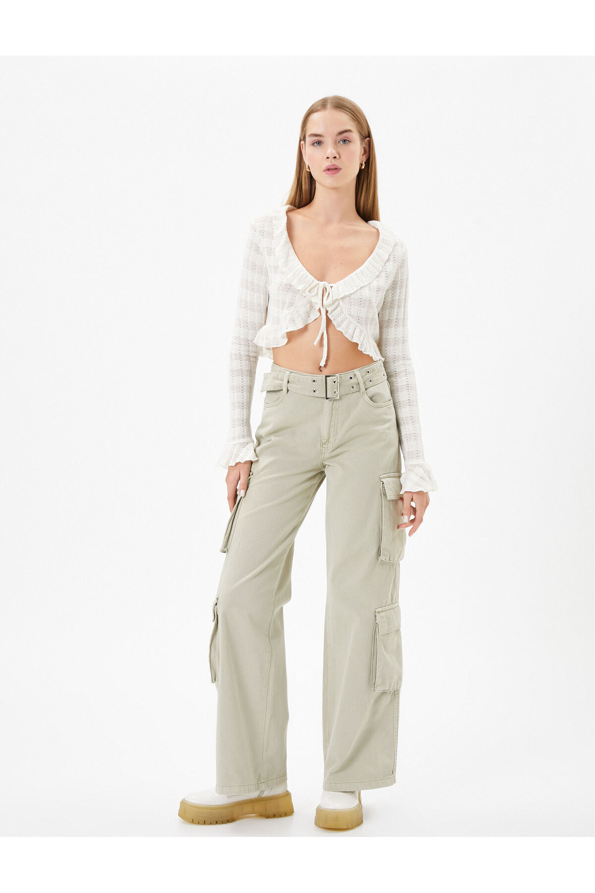 Levně Koton Cargo Pants Wide Leg Normal Waist Belt Detailed Pocket Cotton - Bianca Jeans