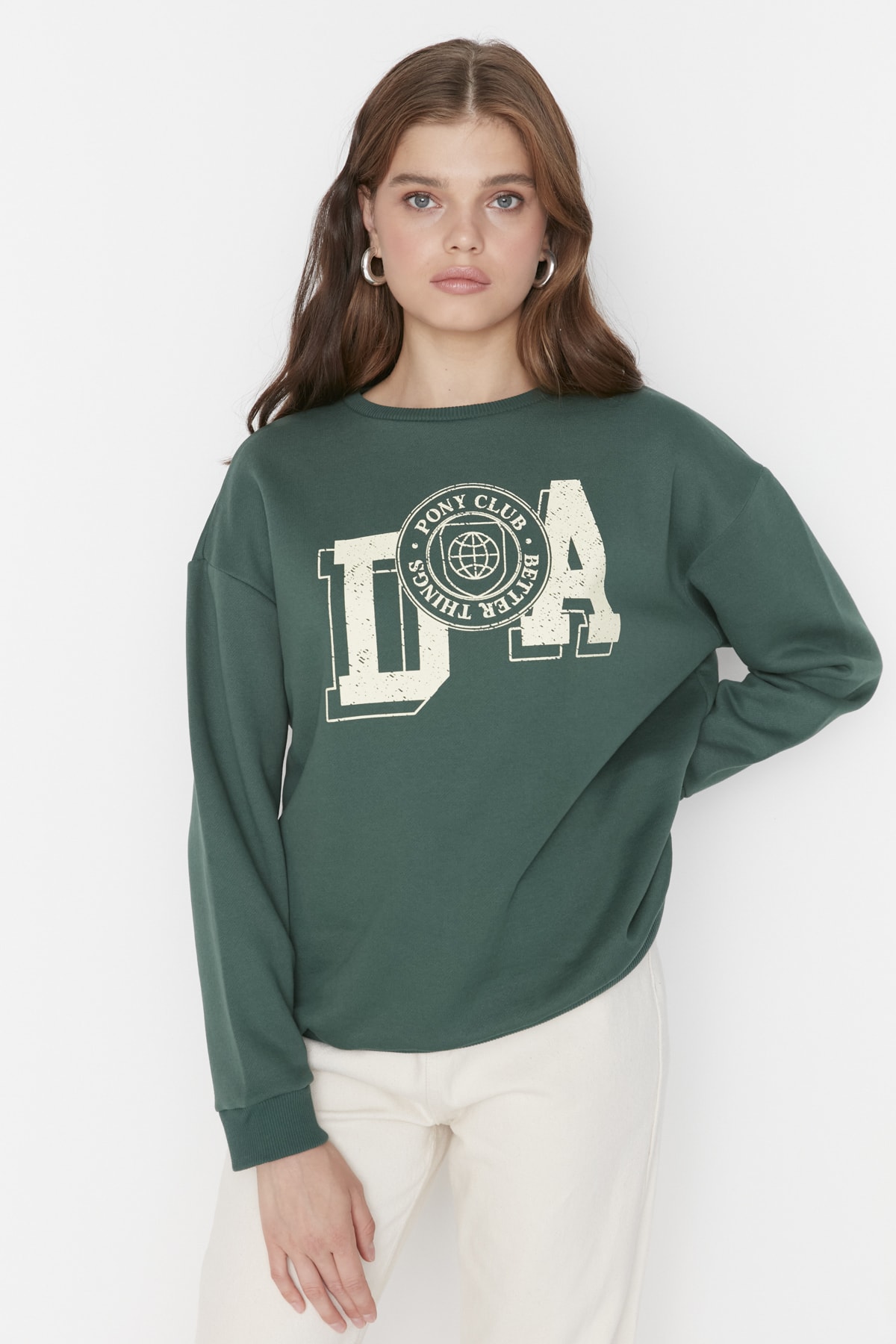 Trendyol Emerald Green Printed Loose Fleece Inner Knitted Sweatshirt