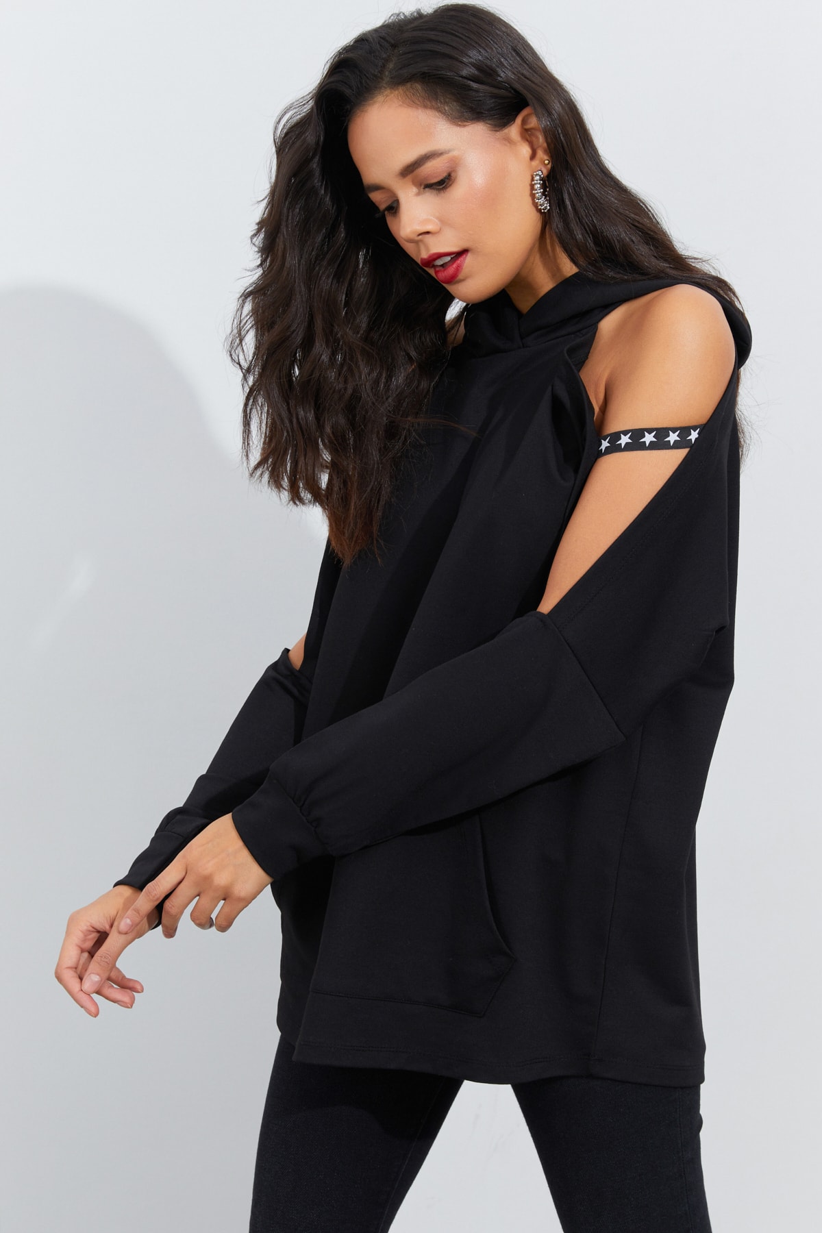 Cool & Sexy Women's Black Open Sleeves Hoodie Sweatshirt