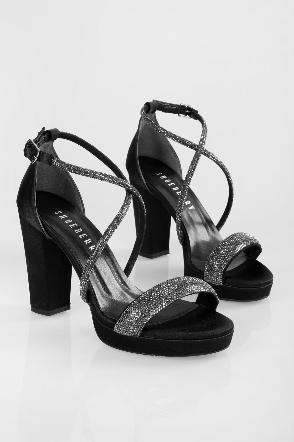 Levně Shoeberry Women's Wise Black Satin Stone Stony Platform Heel Shoes