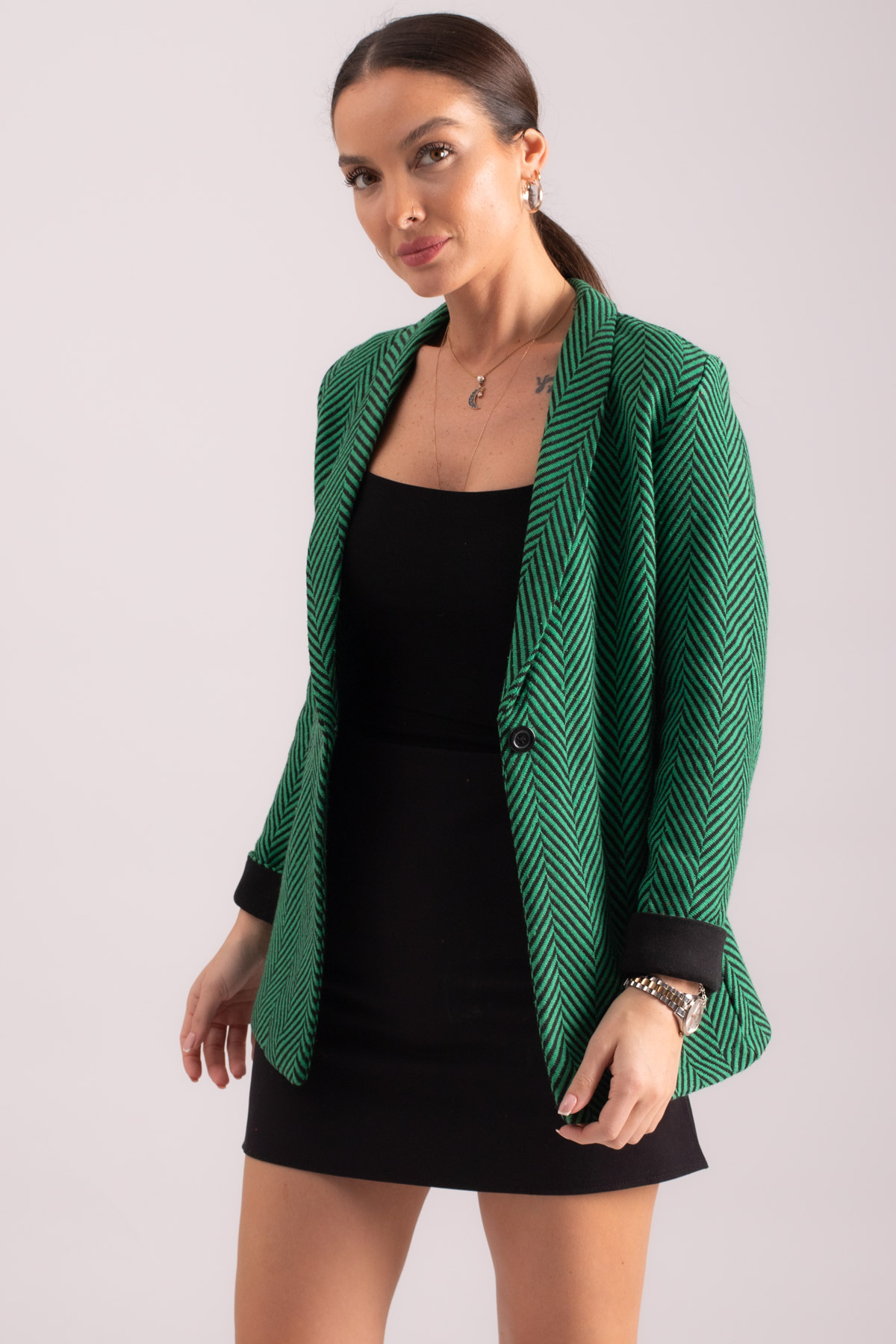 Levně armonika Women's Green Herringbone Pattern Fold Sleeve Single Button Cachet Jacket