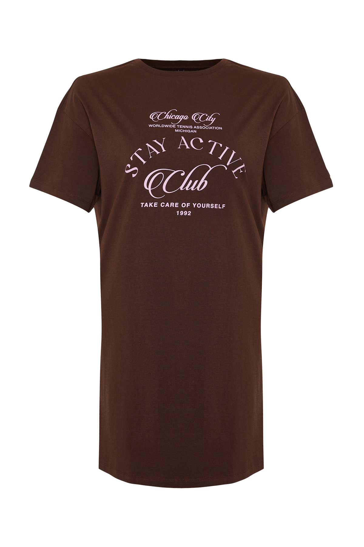 Trendyol Curve Brown Motto Printed Knitted T-shirt Dress