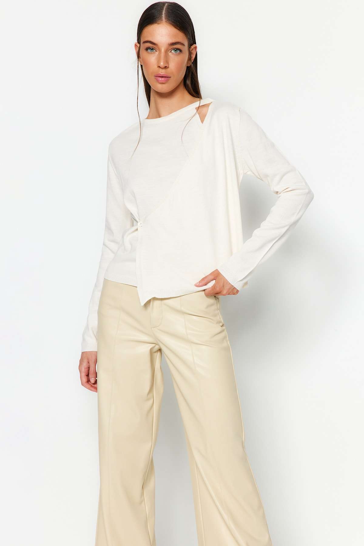 Trendyol Stone Button Detailed Knitwear Sweater