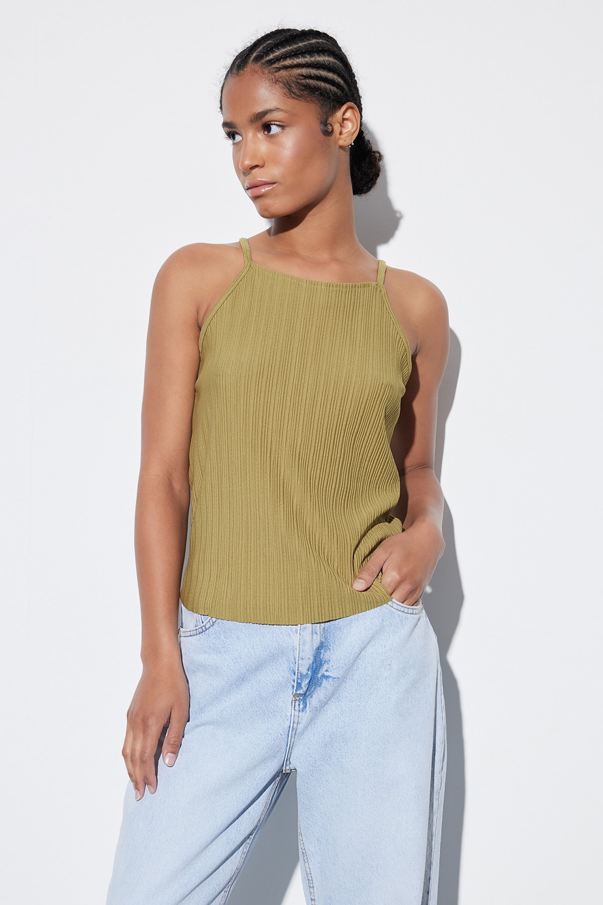 Trendyol Oil Green Pleated Strap Knitted Blouse