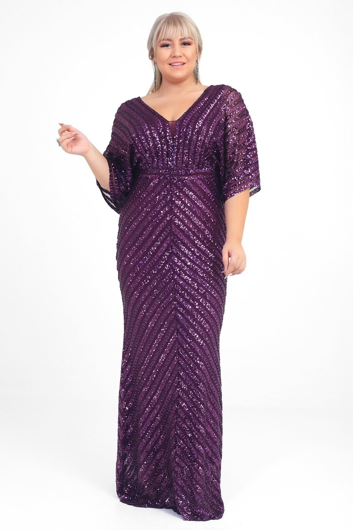 Levně By Saygı Women's Purple Ottoban Sequin Lined B.b Long Evening Dress