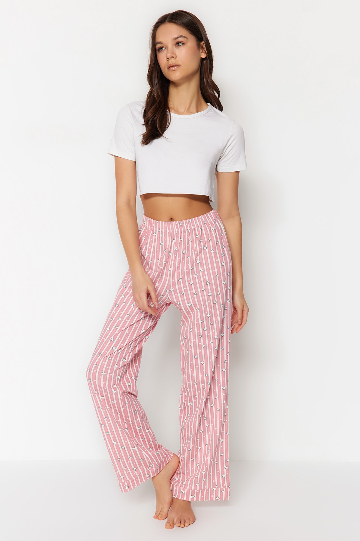 Levně Trendyol Růžové bavlněné pruhované pletené pyžamové kalhoty