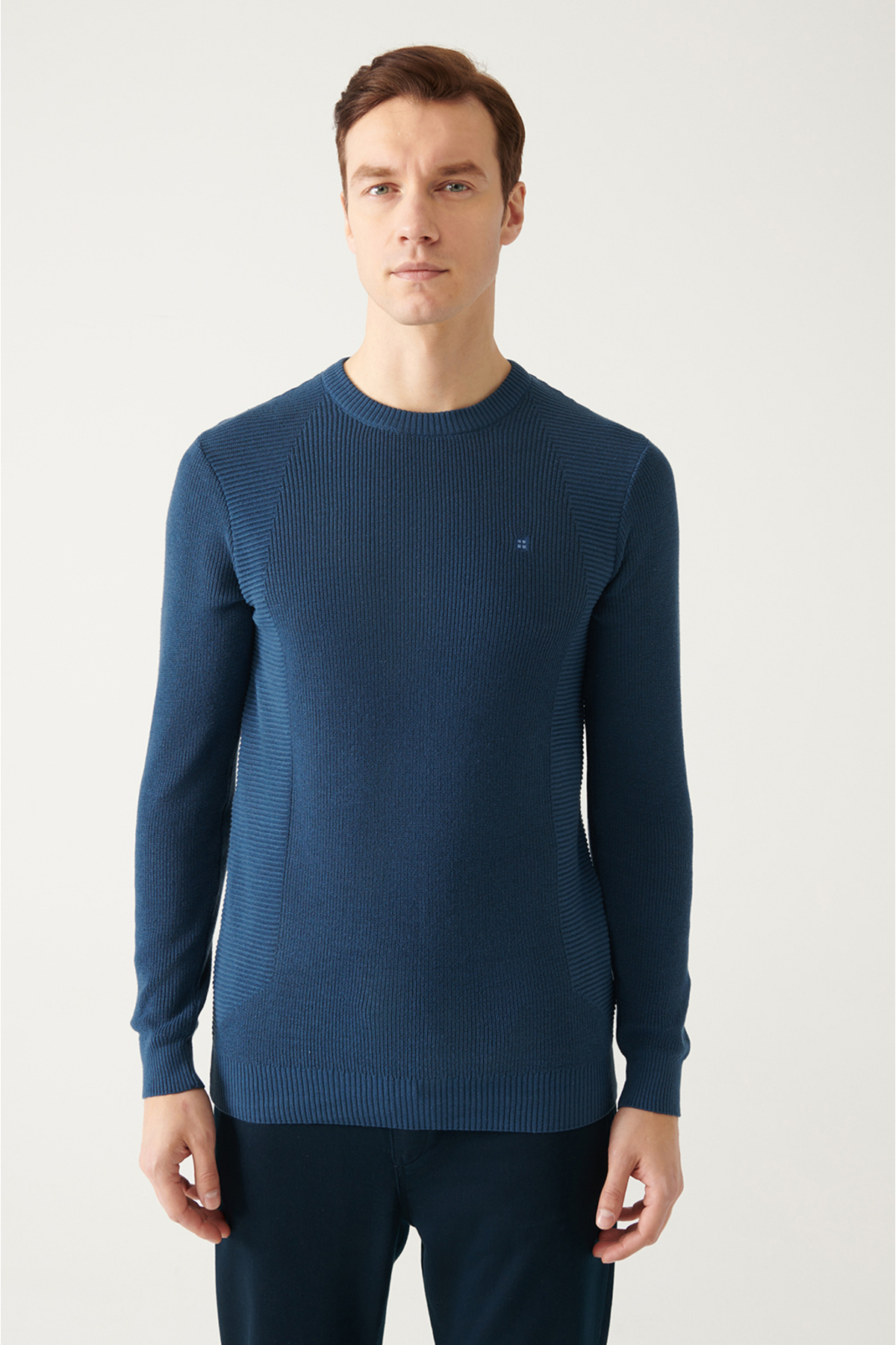 Levně Avva Men's Indigo Crew Neck Jacquard Slim Fit Slim Fit Knitwear Sweater