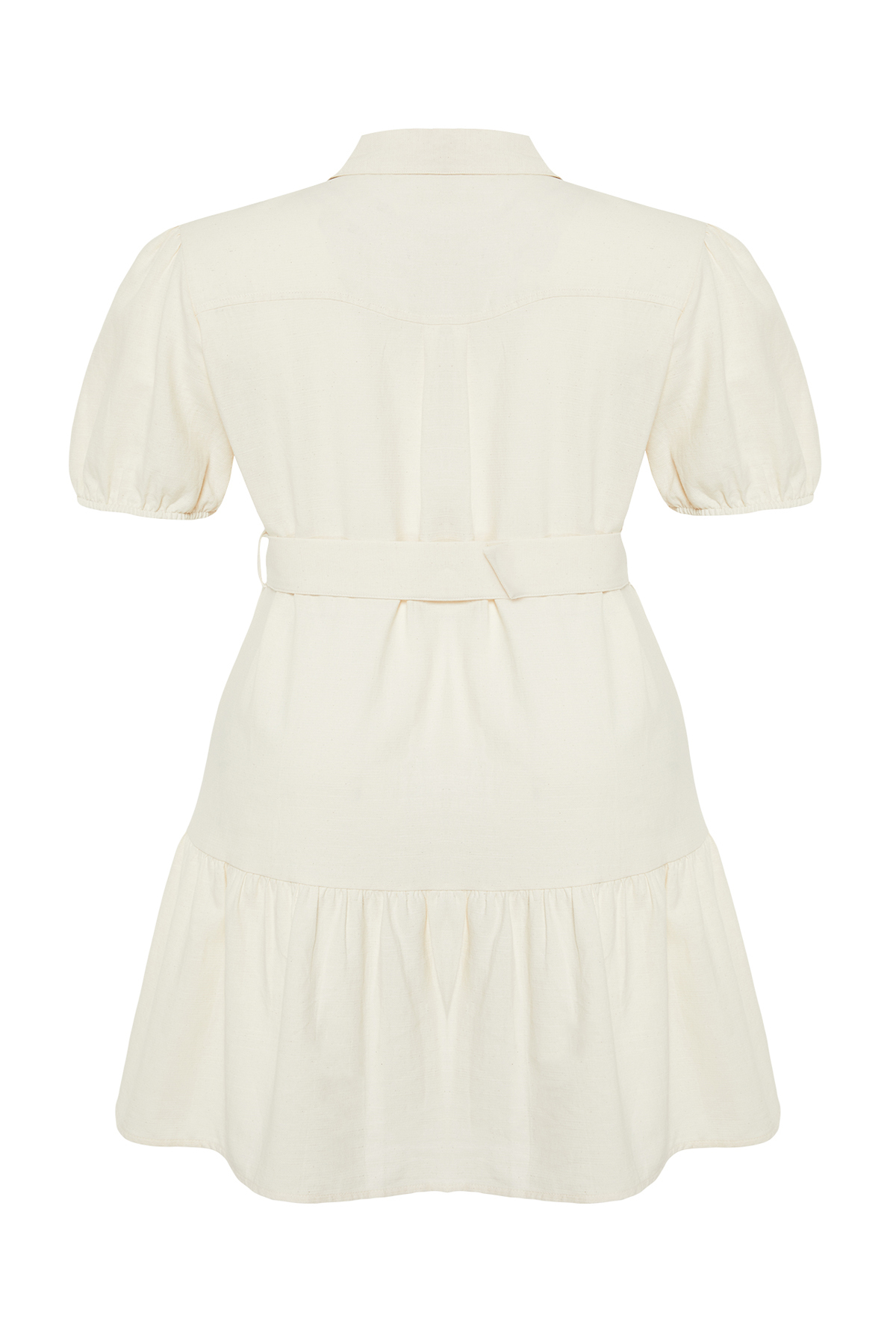 Trendyol Curve Beige Linen Look Belted Buttoned Shirt Dress