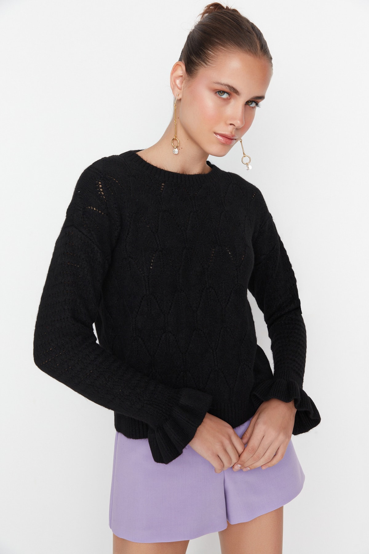 Trendyol Black Sleeve Detailed Knitwear Sweater
