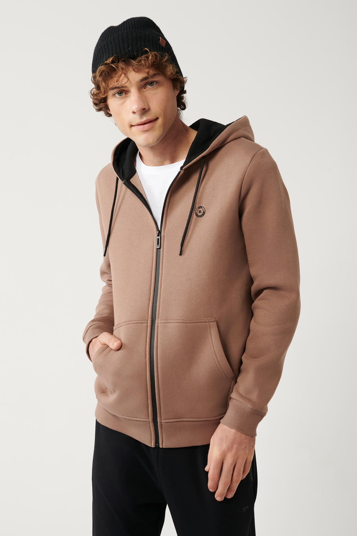 Levně Avva Light Brown Unisex Sweatshirt Hooded Inner Collar Fleece 3 Thread Zipper Regular Fit