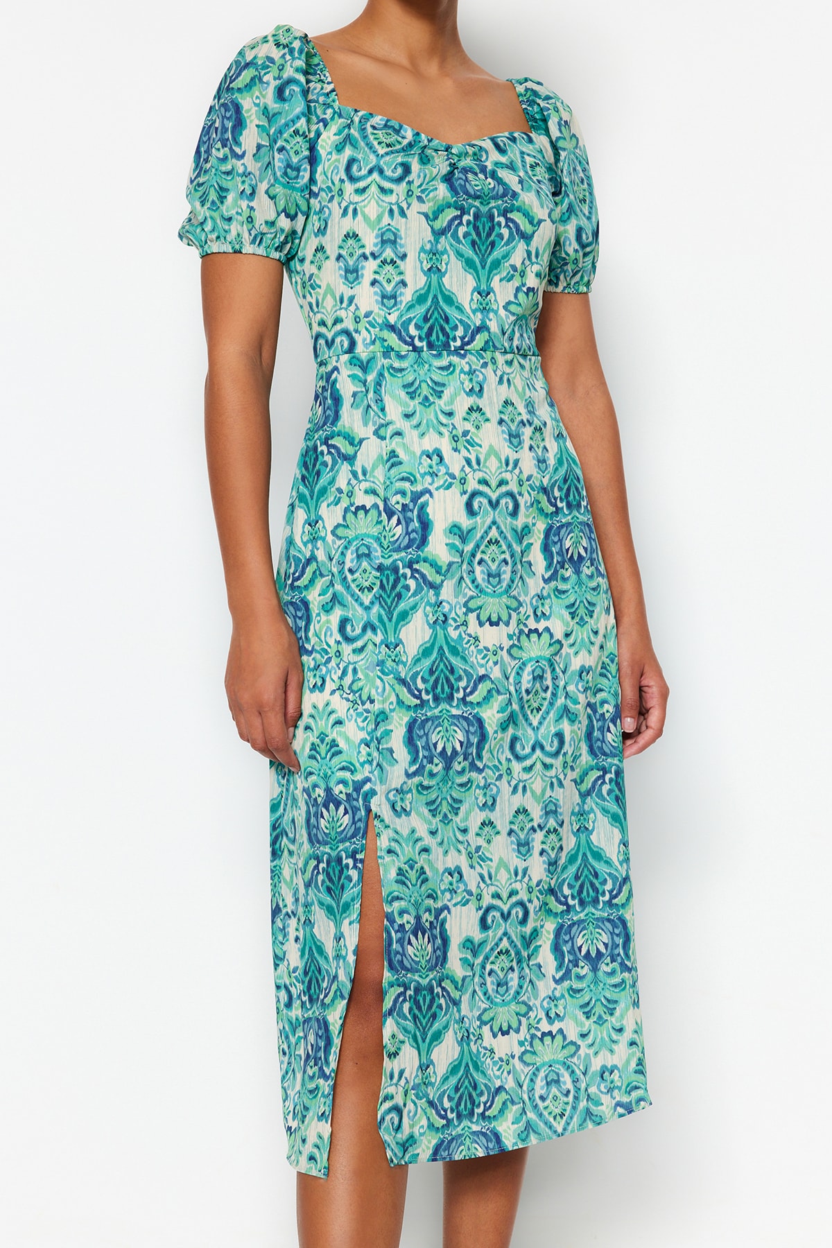 Trendyol Green Square Neck Slit Modeled Țesute Midi Rochie țesută