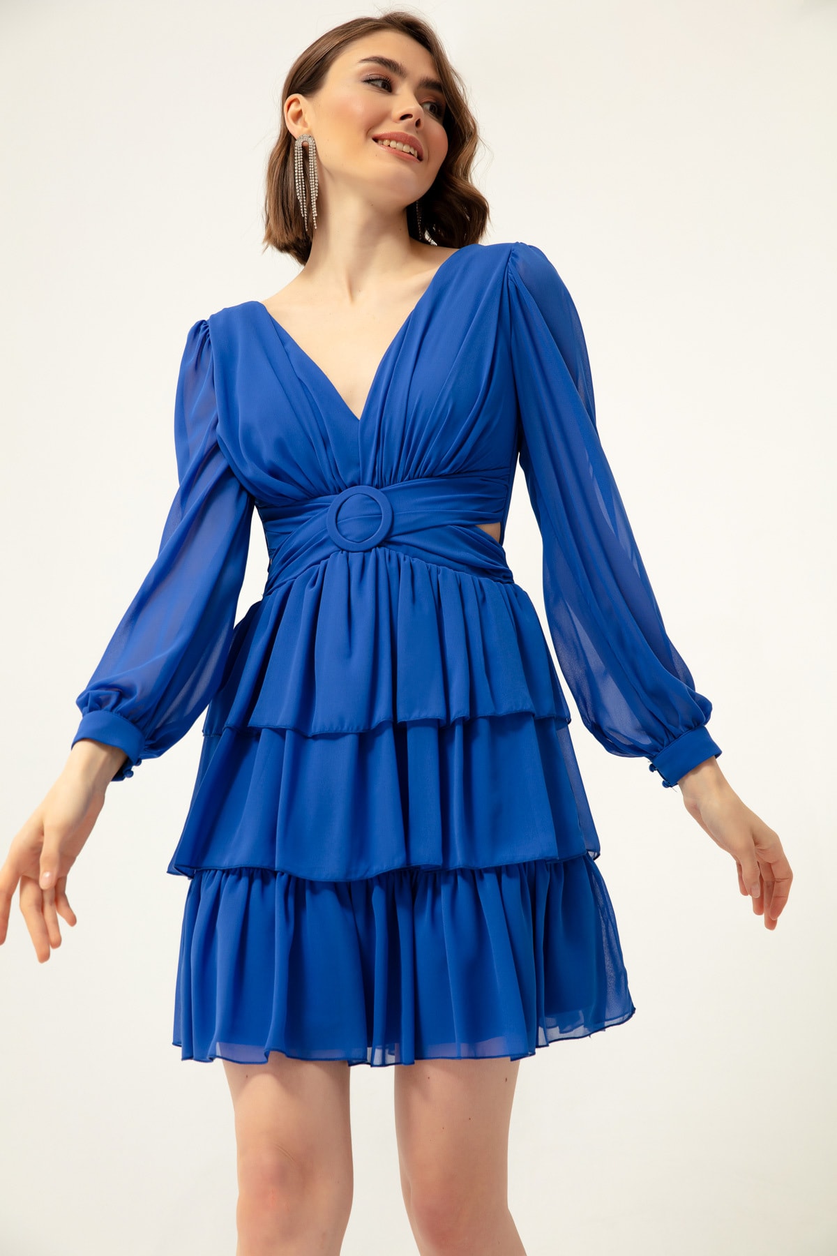 Lafaba Women's Saxe Blue Frilly Decollete Mini Chiffon Evening Dress