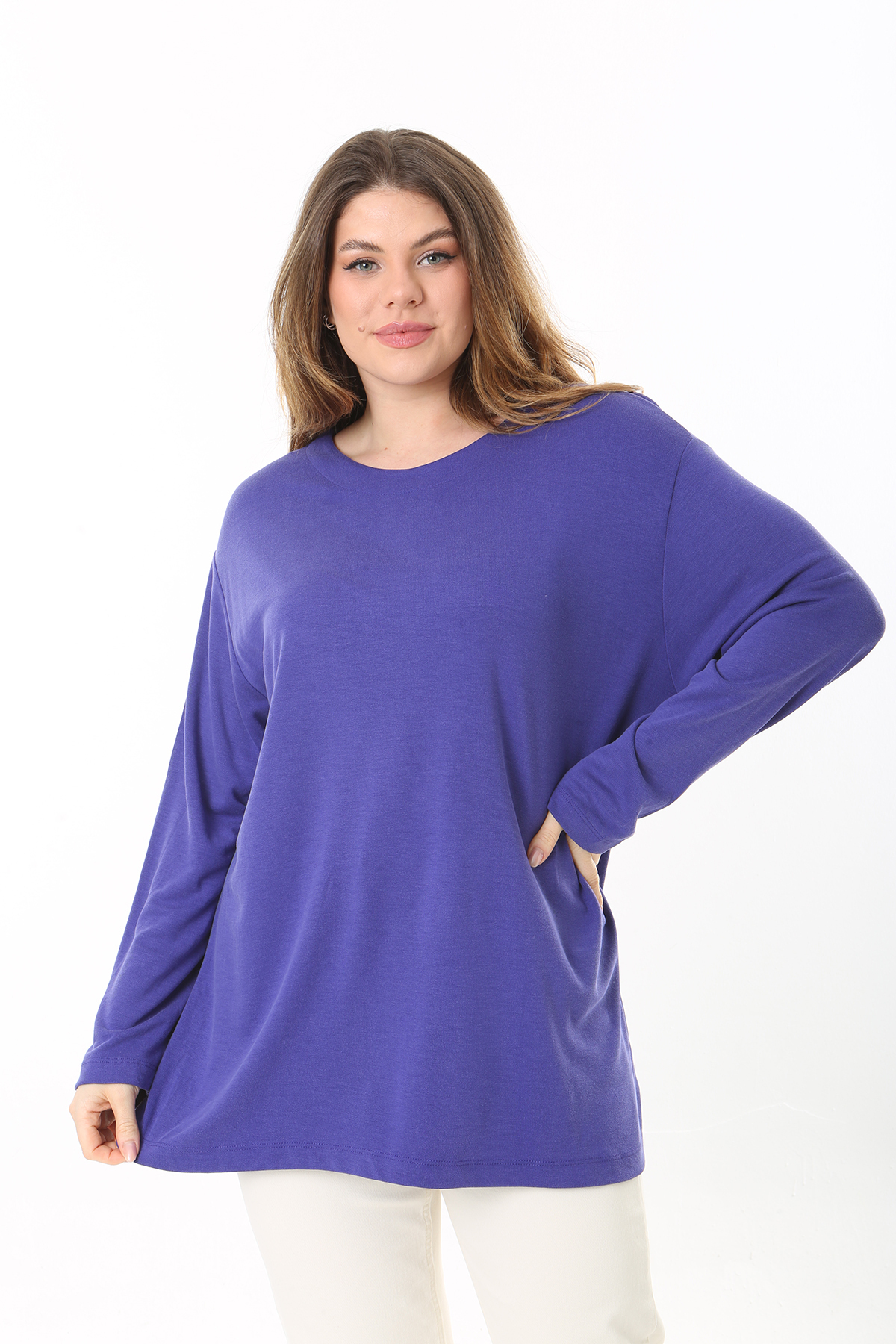 Şans Women's Plus Size Lilac Crew Neck Long Sleeve Blouse