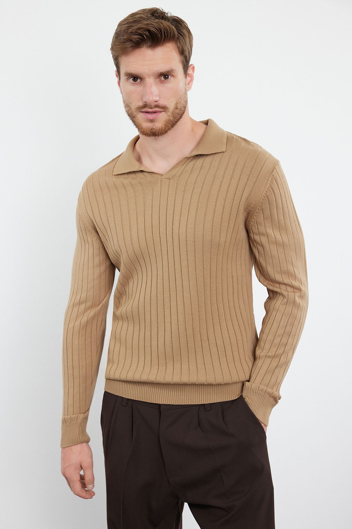 Trendyol Camel Slim Polo Neck Plain Knitwear Sweater