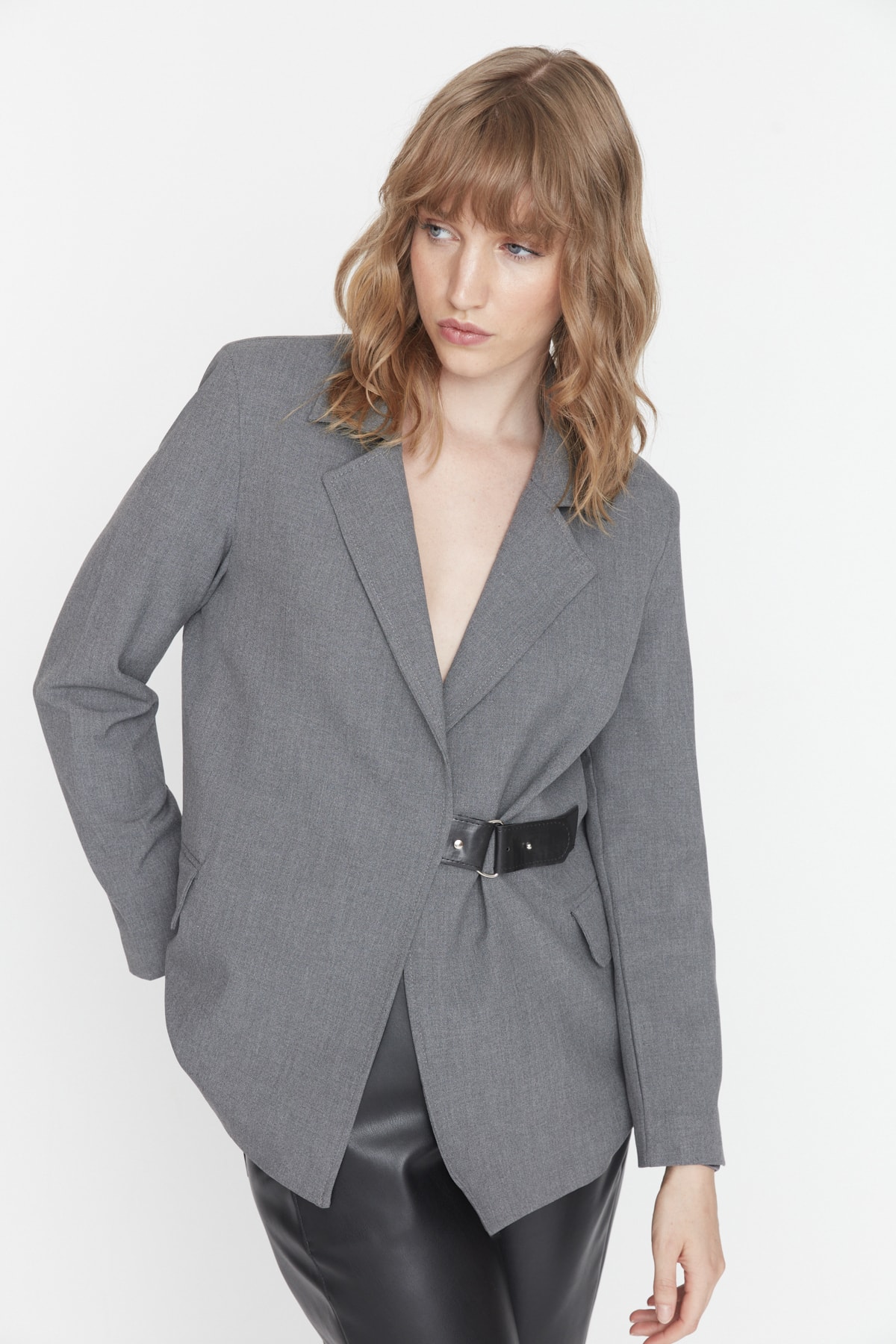 Levně Trendyol Gray Woven Lined Blazer with Buckle Detail