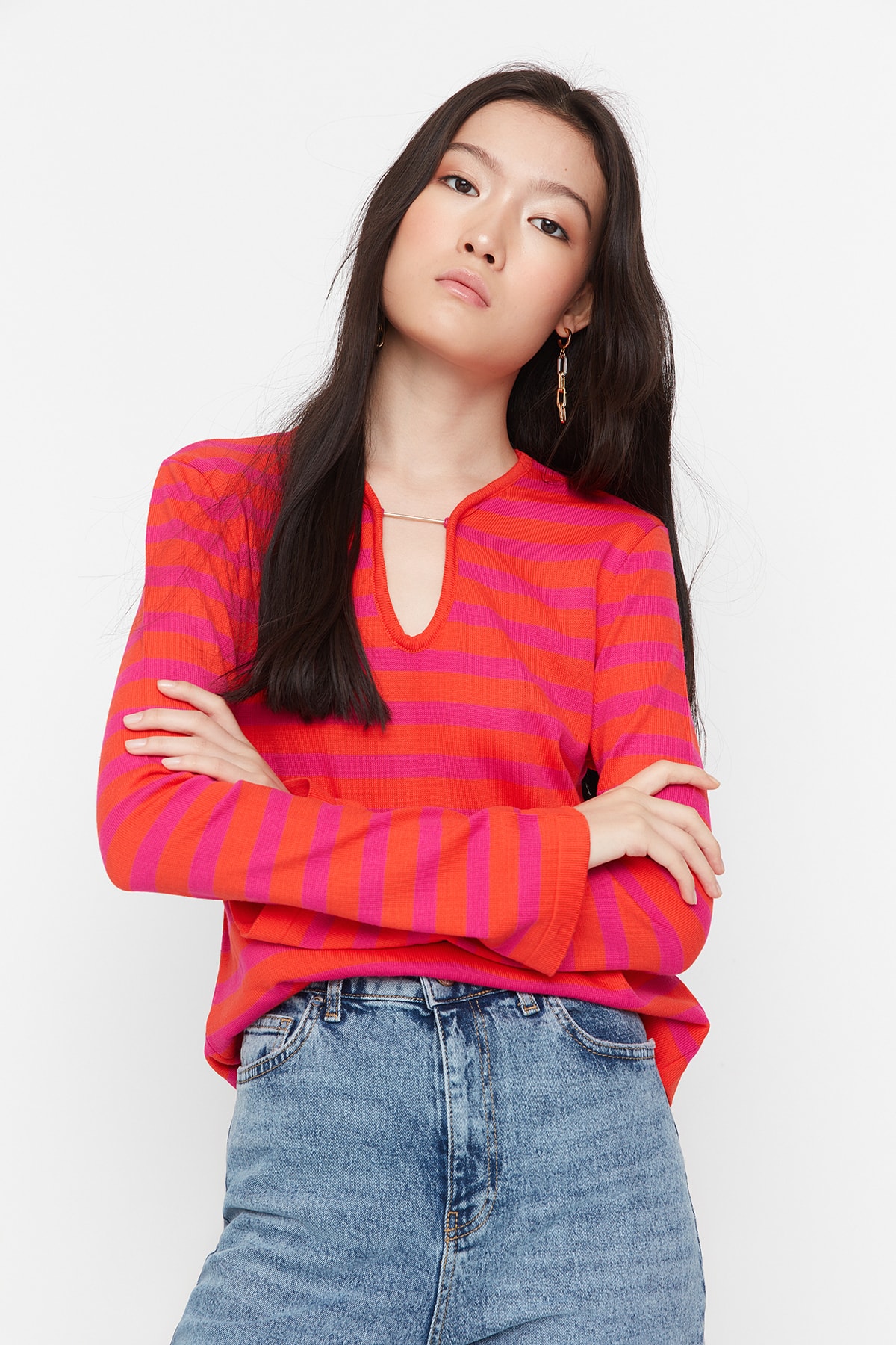 Trendyol Orange Striped Knitwear Sweater