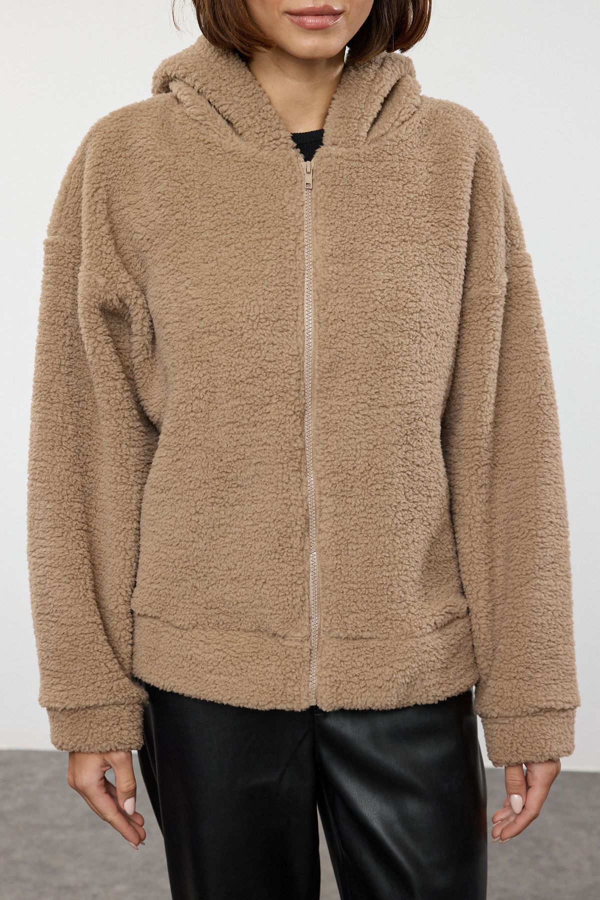 Trendyol Camel Plush Regular/Normal Pattern Hooded Zippered Thick Knitted Sweatshirt