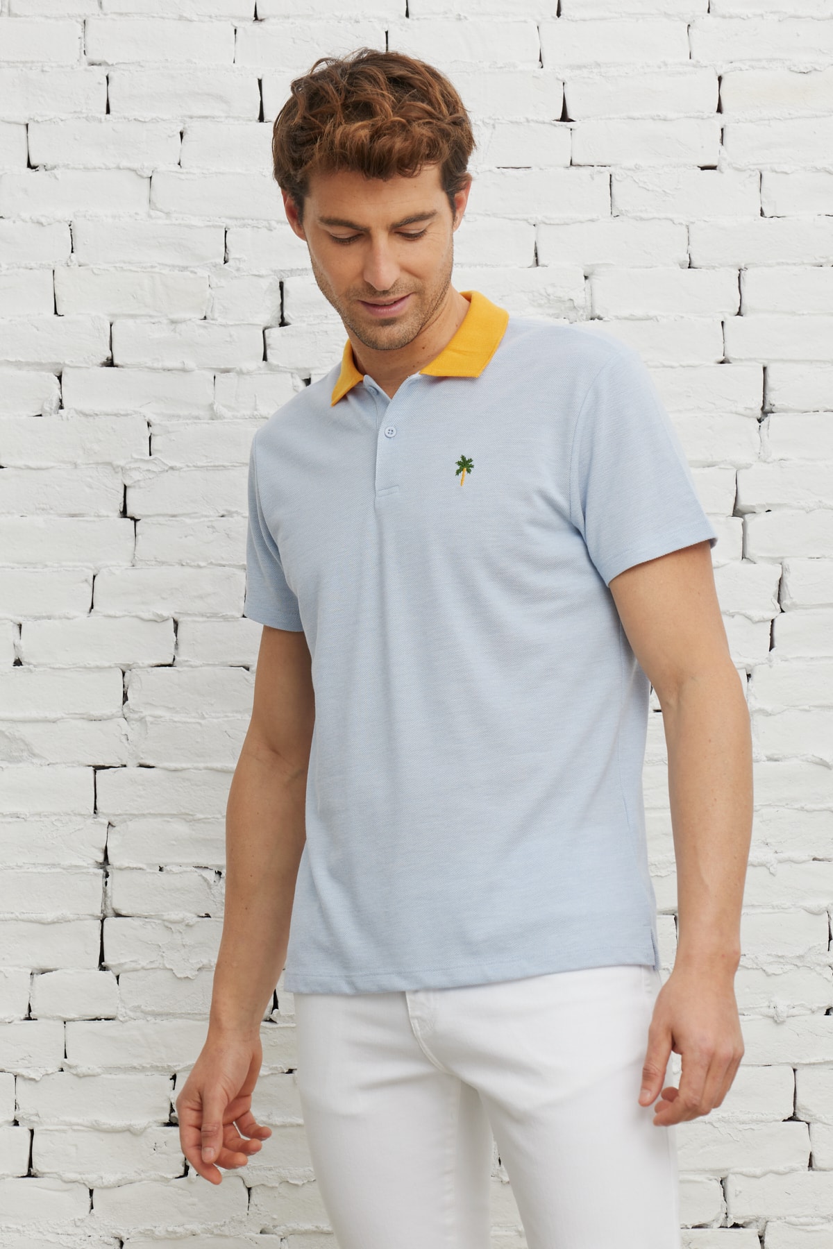 AC&Co / Altınyıldız Classics Men's Light Blue Slim Fit Slim Fit Polo Neck Short Sleeved Cotton T-Shirt.