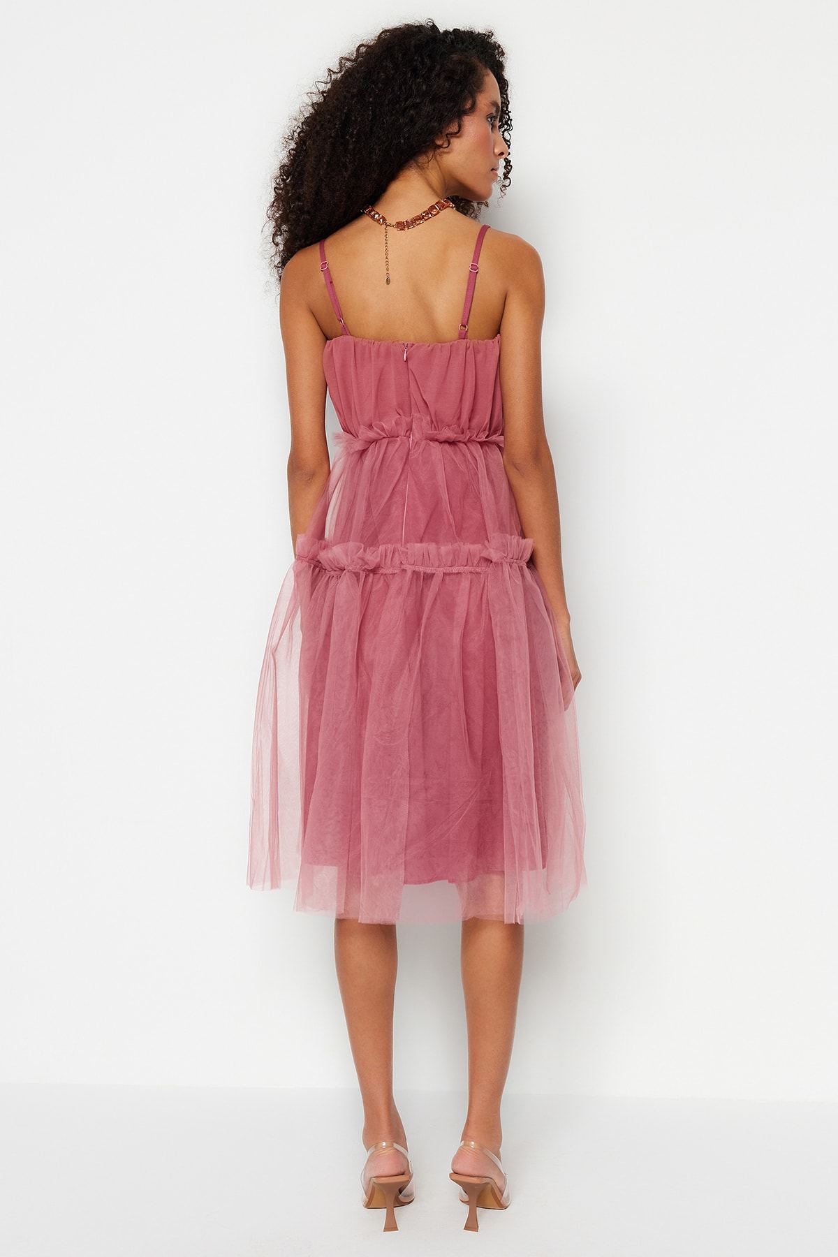 Rochie eleganta de seara Trendyol Dry Rose Tulle care se deschide in talie/patinatoare captusita