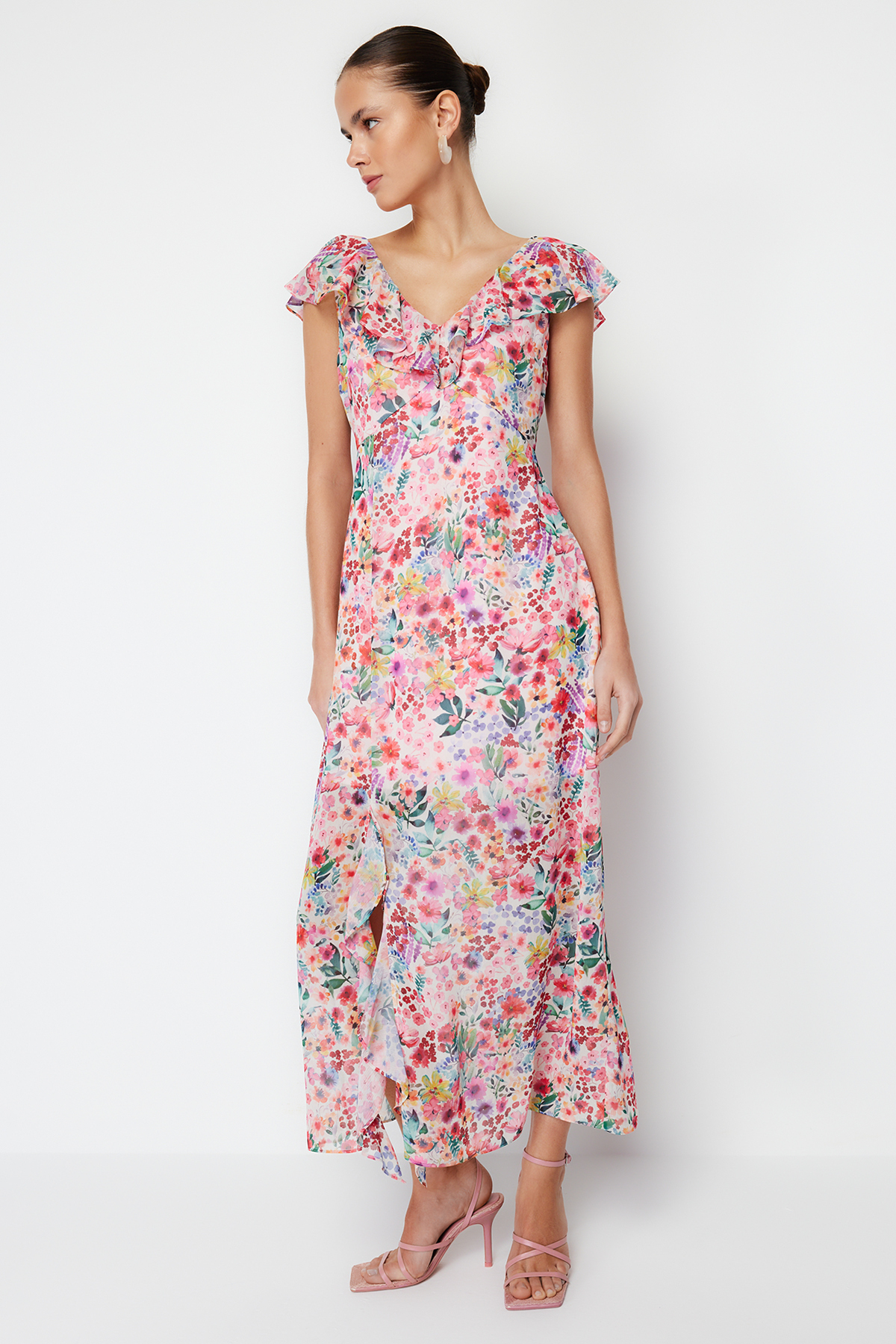 Trendyol Pink Floral Ruffle Chiffon Lined Maxi Woven Dress