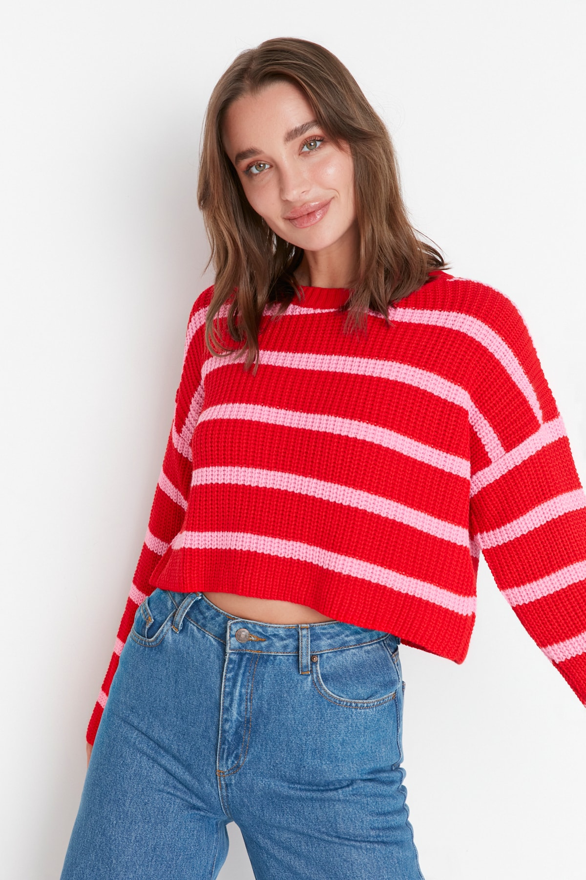 Trendyol Red Crop Basic Striped Knitwear Sweater