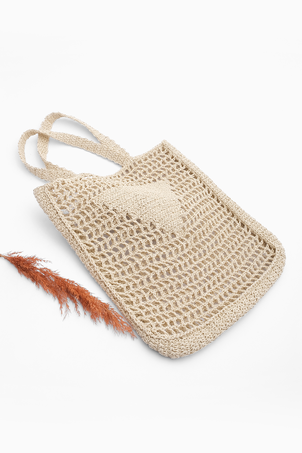 Levně Marjin Women's Handmade Knitted Shoulder Bag Mirce Beige Straw