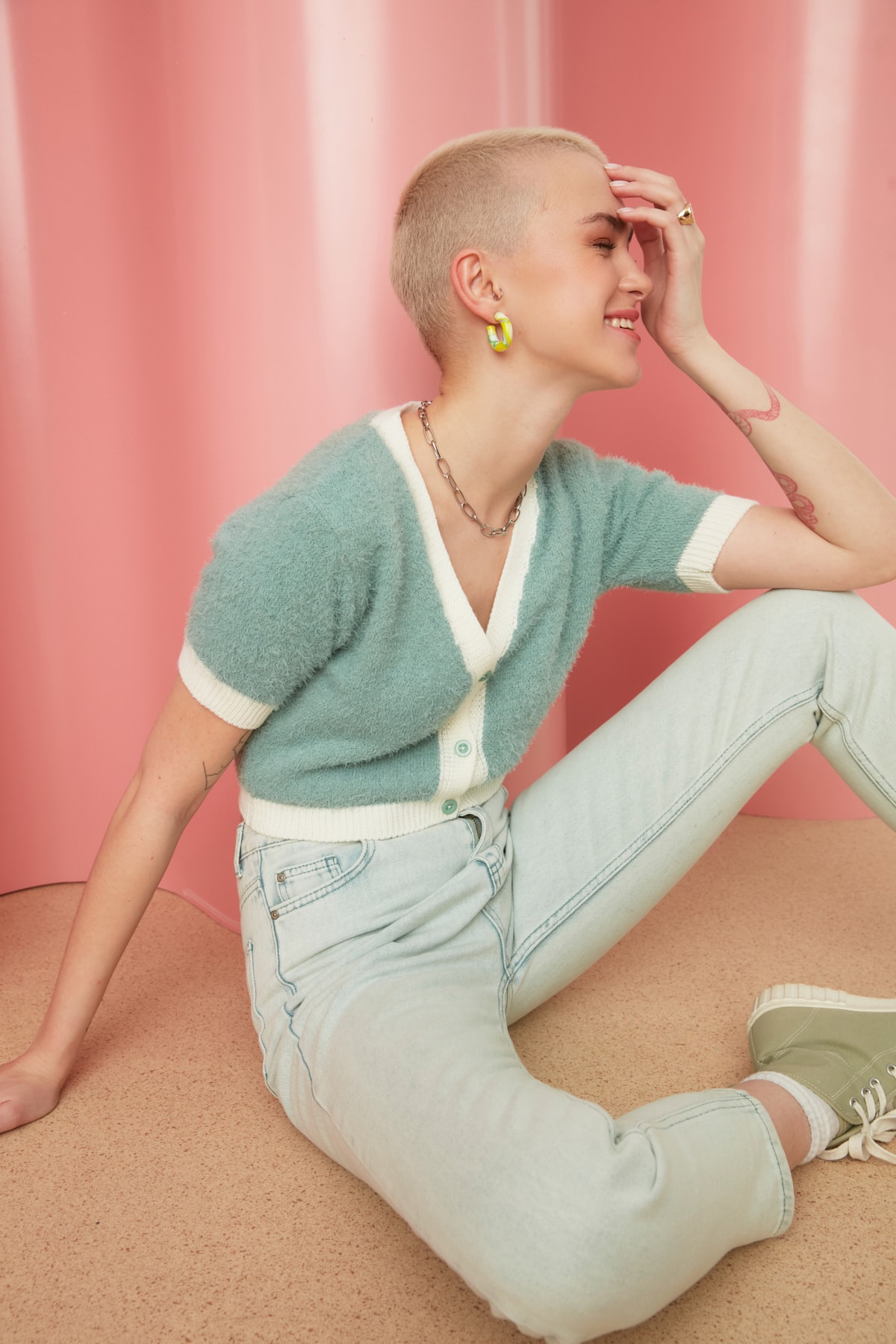 Trendyol Mint Color Block Button Detailed Knitwear Cardigan