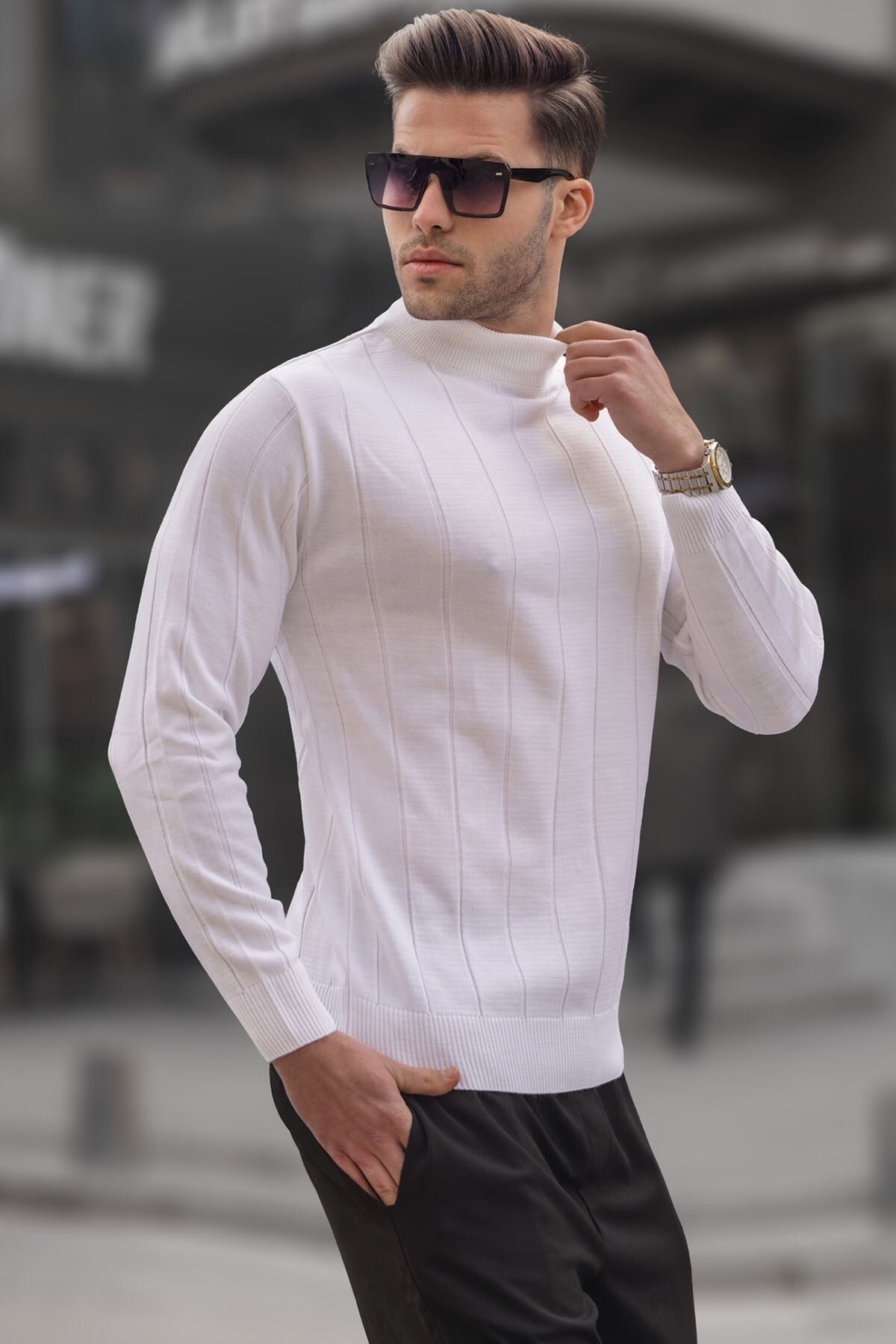 Levně Madmext Ecru Slim Fit Half Turtleneck Striped Anti-Pilling Men's Knitwear Sweater 6344