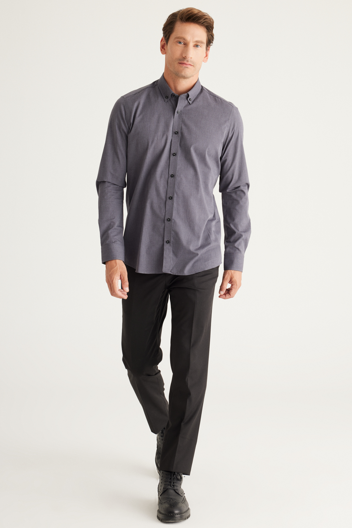 ALTINYILDIZ CLASSICS Men's Anthracite Slim Fit Slim Fit Buttoned Collar Patterned Shirt