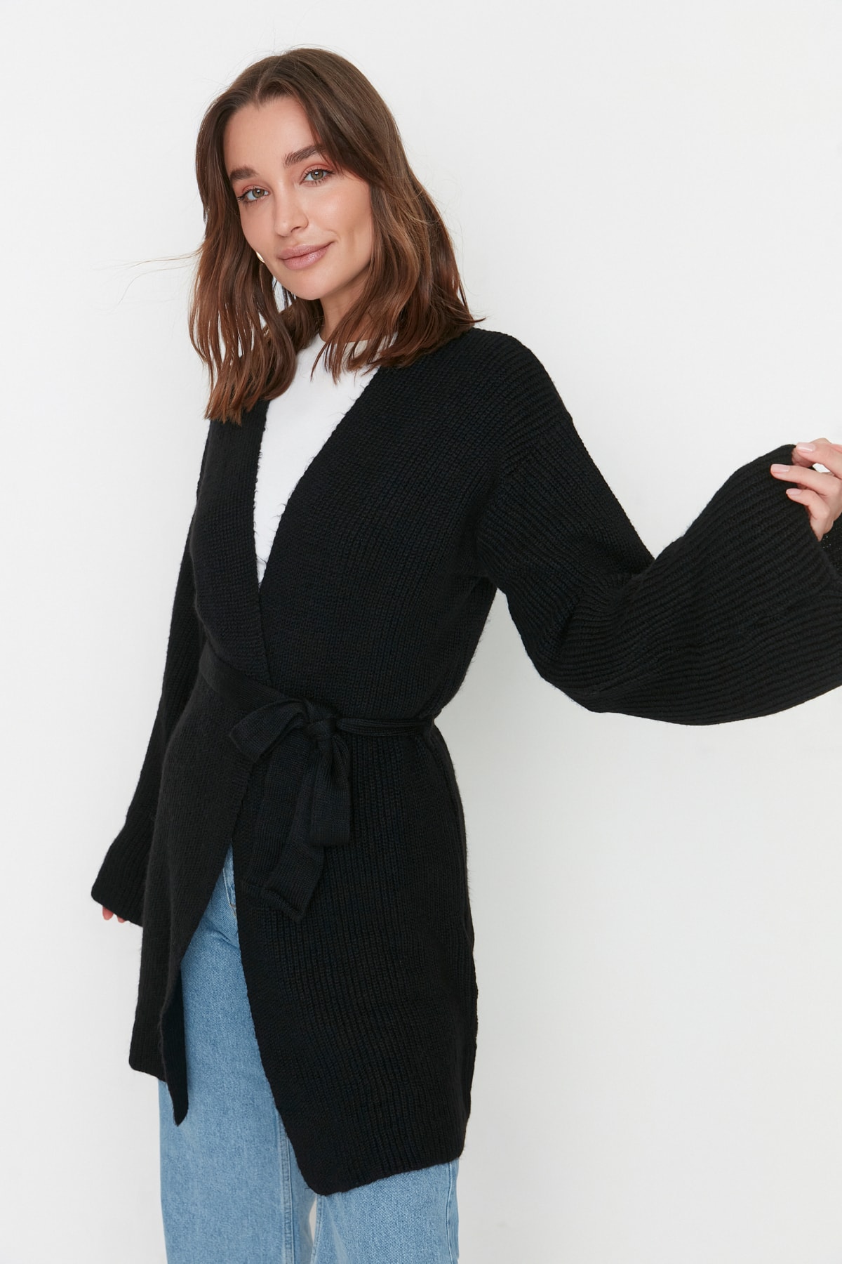 Trendyol Black Double Breasted Collar Belted Knitwear Cardigan