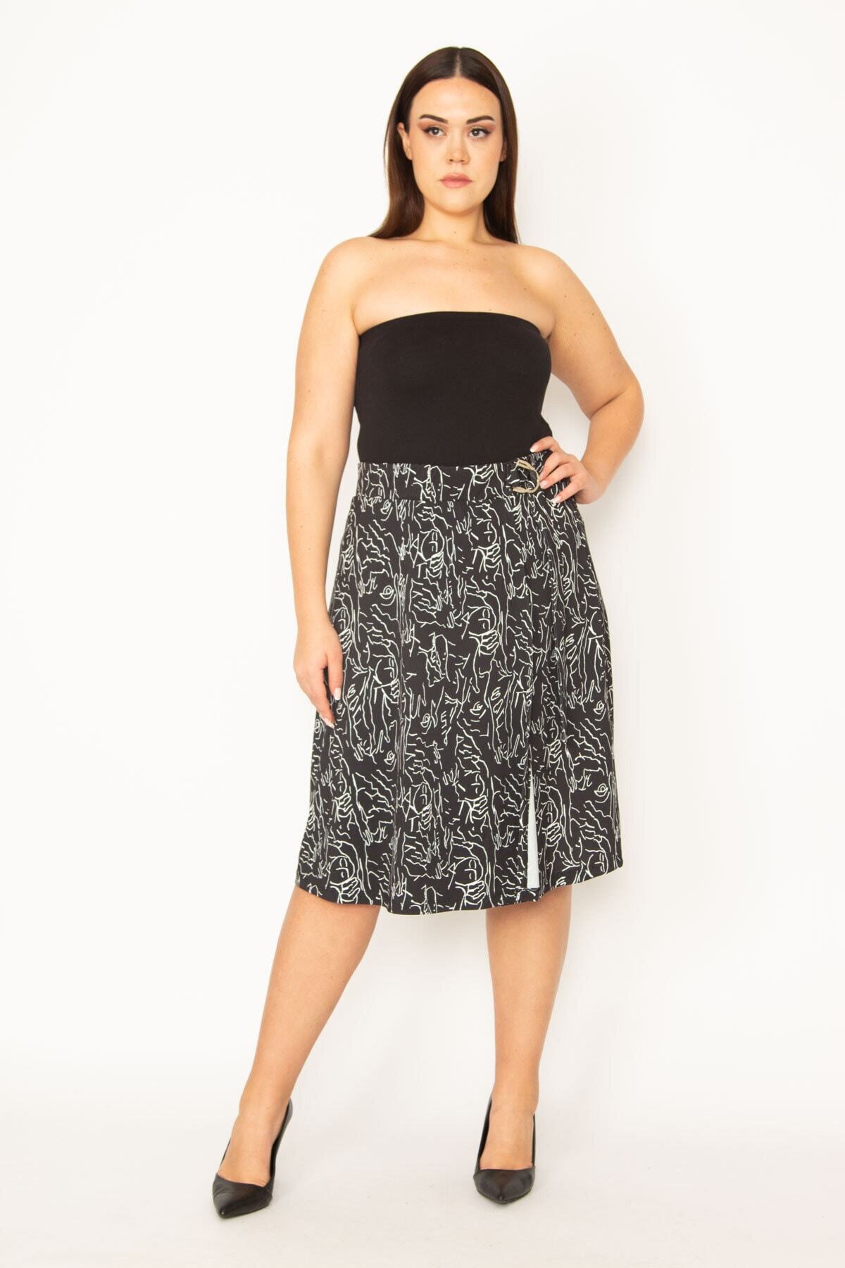 Şans Women's Plus Size Black Wrapover Look, Elastic Waist And Buckle Lace Detail Skirt