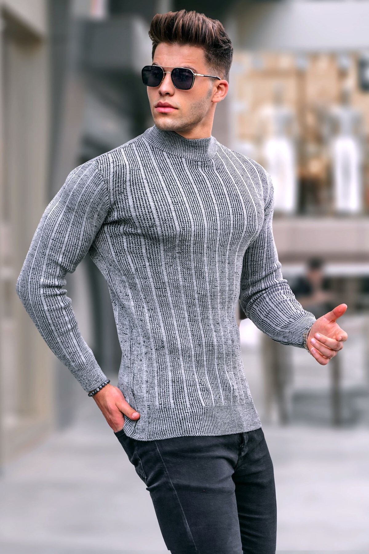 Levně Madmext Gray Half Turtleneck Knitwear Sweater 5761