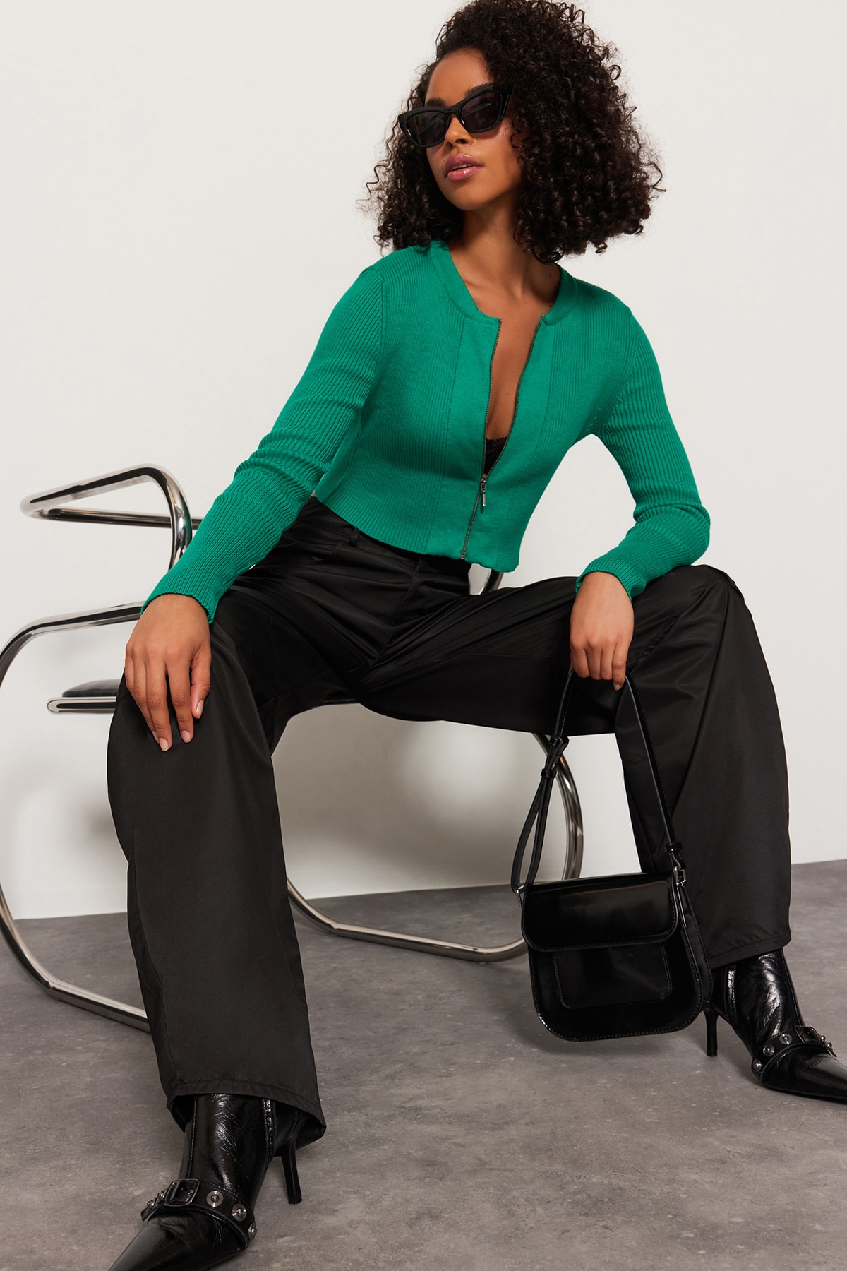 Trendyol Green Crop Zipper 100% Cotton Basic Knitwear Cardigan