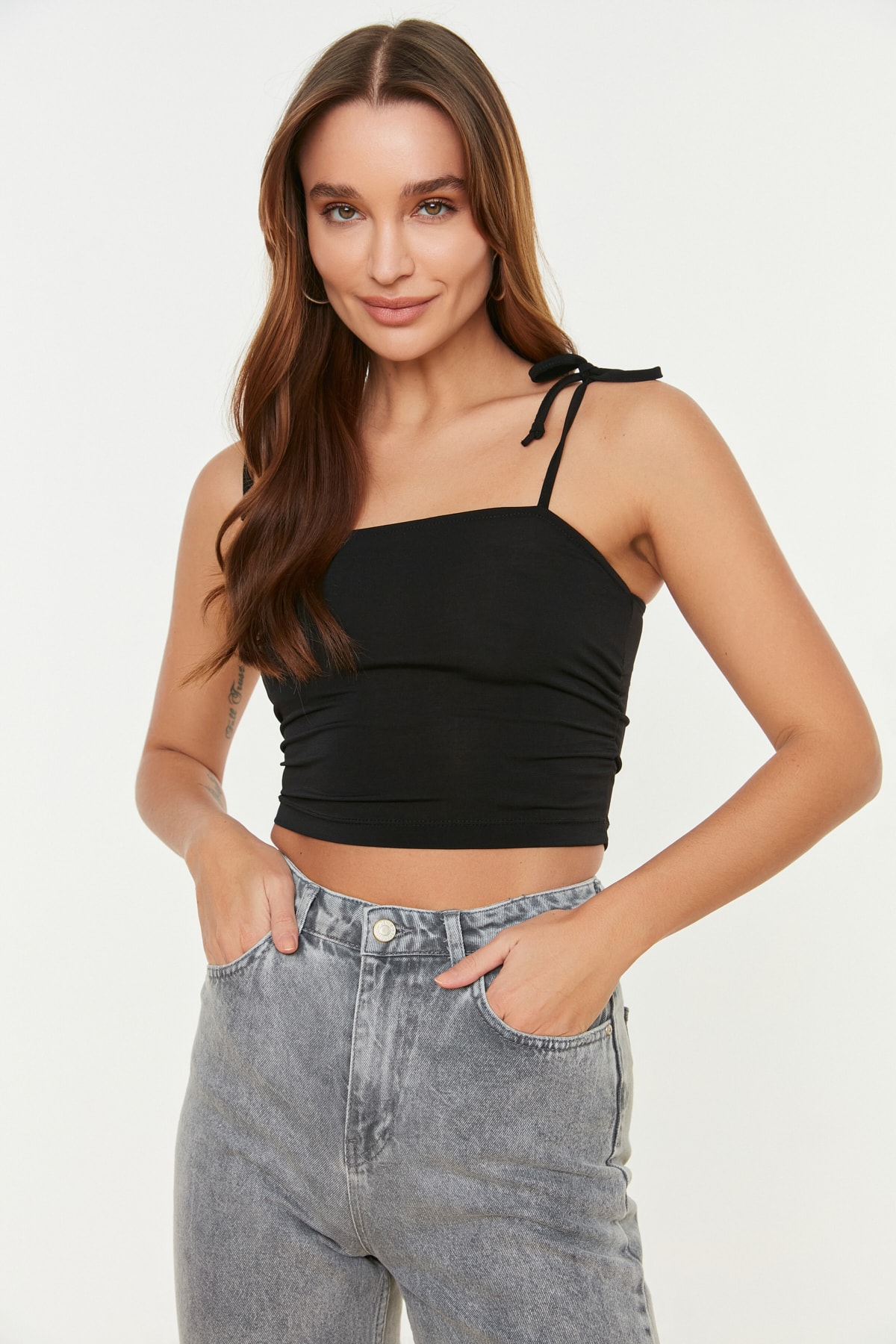 Trendyol Black Fitted/Situated Crop with Straps, Flexible Knitted Singlets