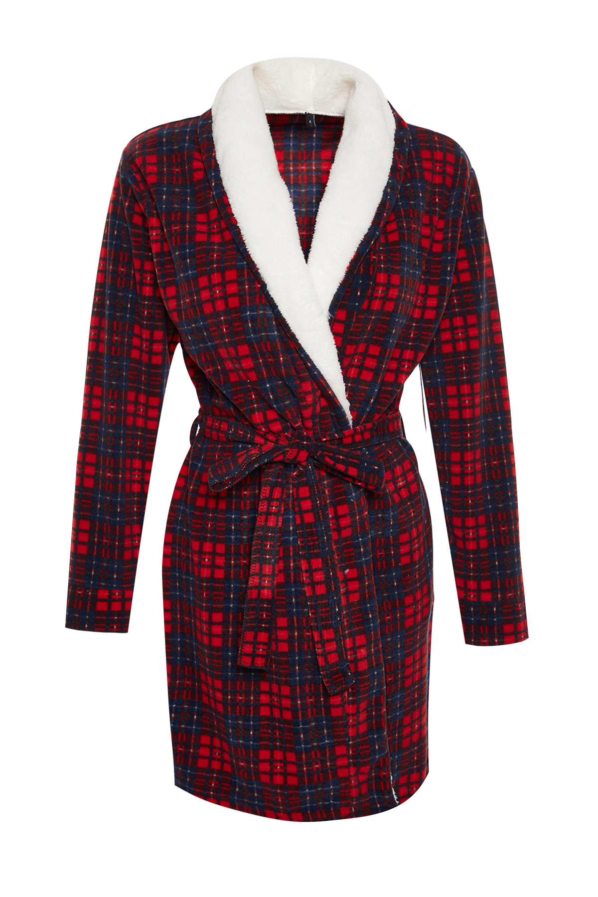 Levně Trendyol Red Belted Checkered Fleece Knitted Dressing Gown