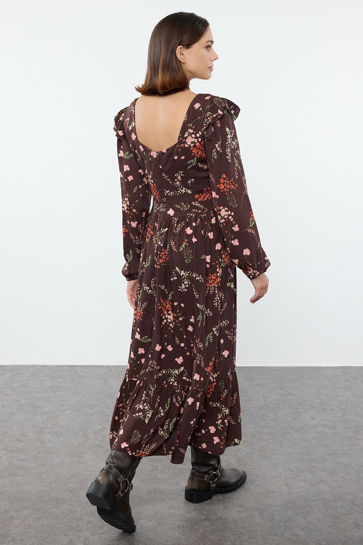 Trendyol Brown Floral A-Line Ruffle 100% Viscose Woven Dress