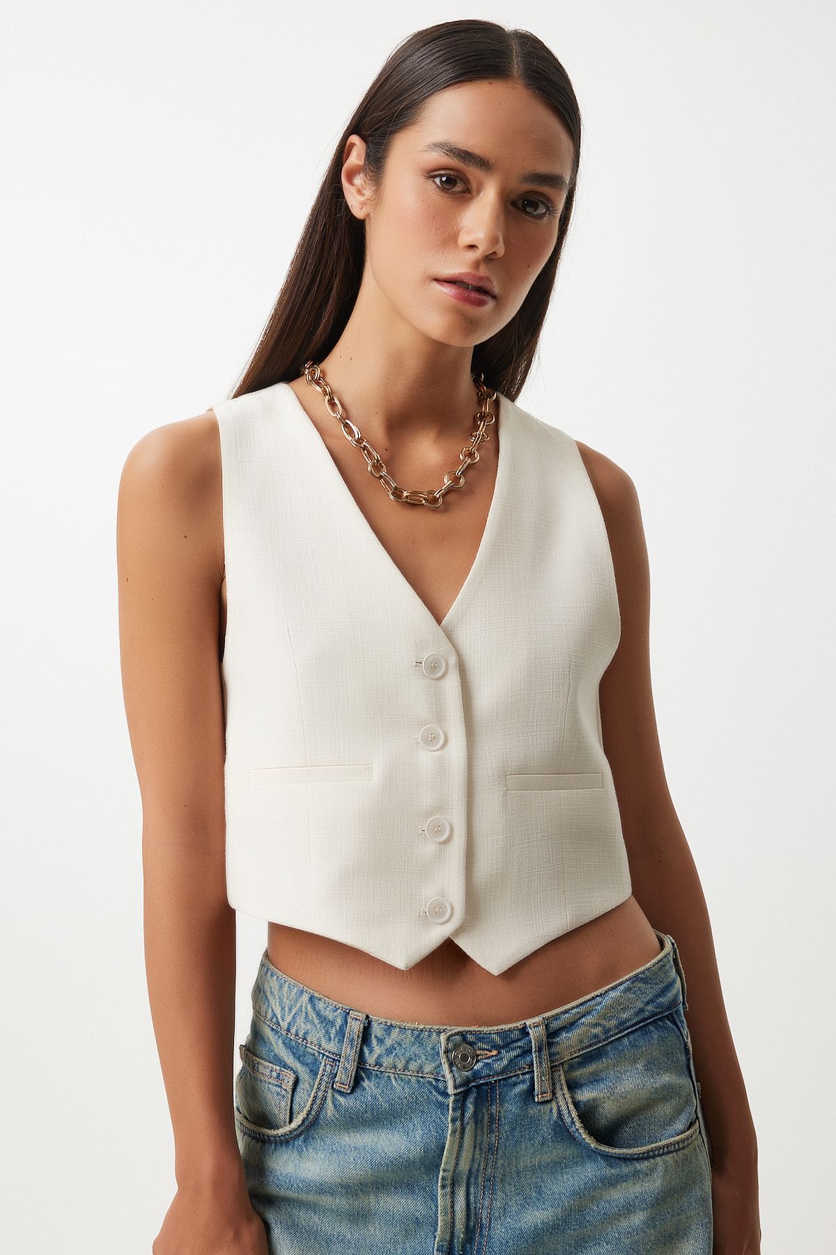 Happiness İstanbul Women's White Linen Short Vest