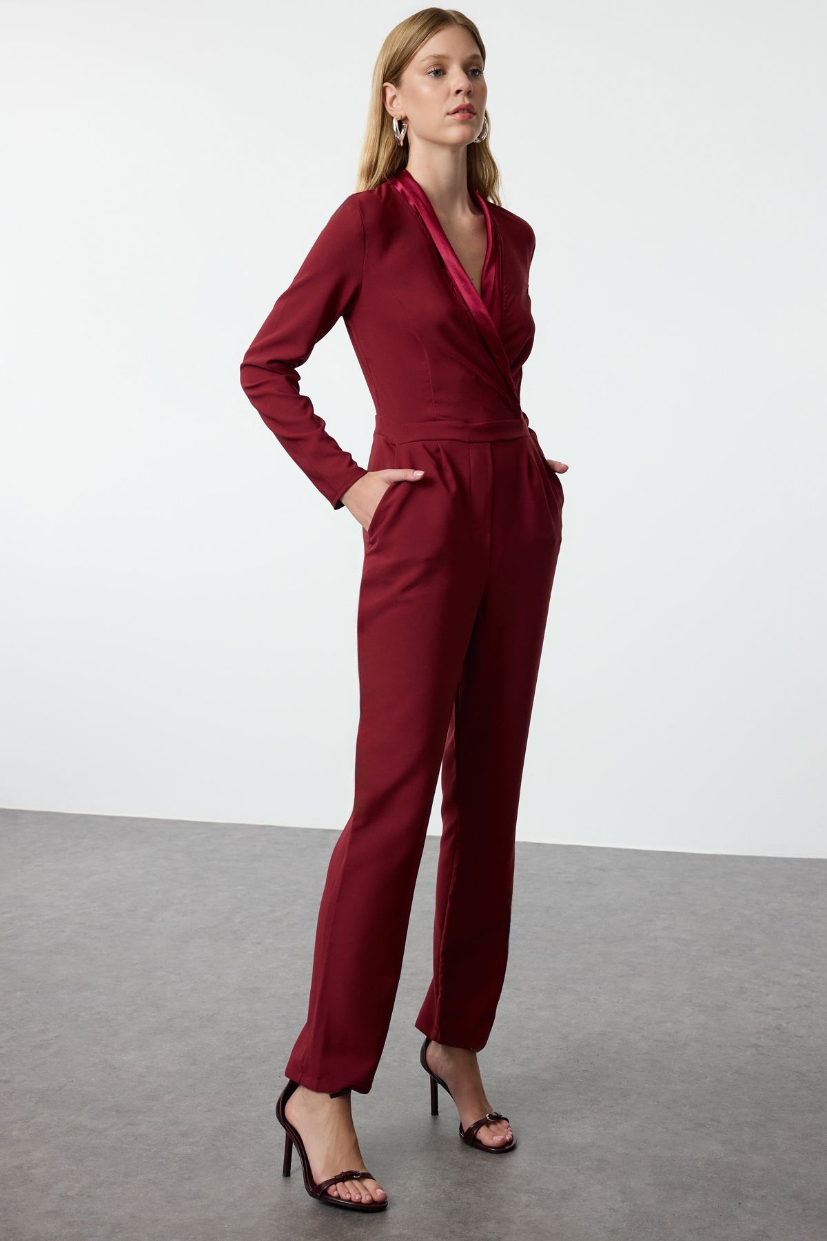 Trendyol Limited Edition Long Claret Red Satin Collar Detailed Woven Jumpsuit