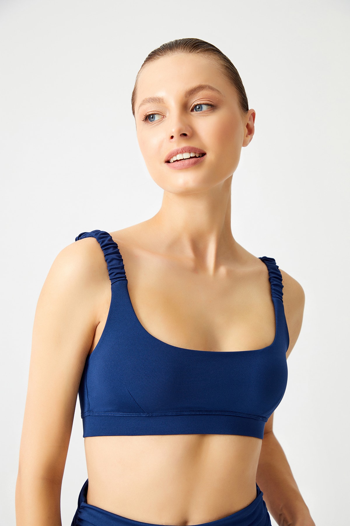 LOS OJOS Navy Blue Light Support, Shirred Straps Detailed Covered Sports Bra