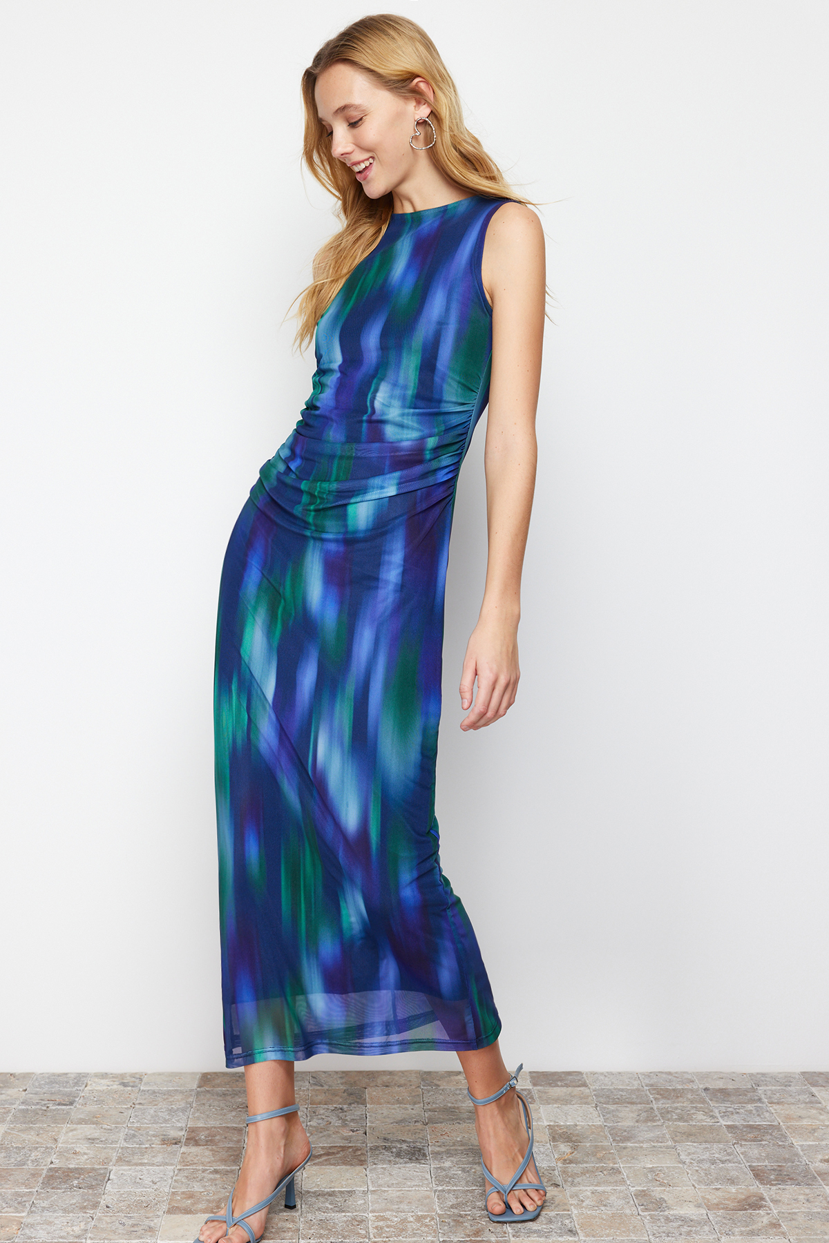 Trendyol Multicolored Drape Detailed Fitted Maxi Length Tulle Knitted Maxi Dress