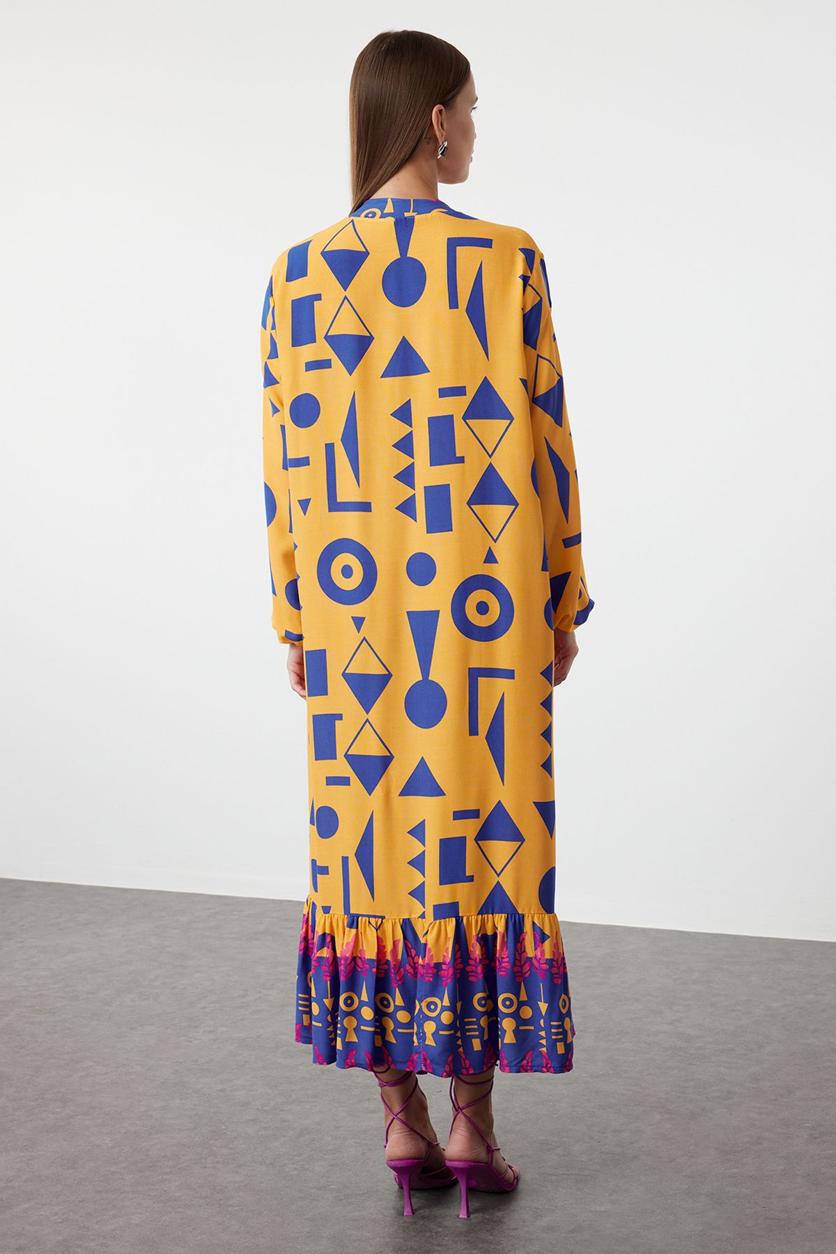 Trendyol Orange Printed Midi Wide Bow Border Pattern Detail Woven Dress Woven Dress