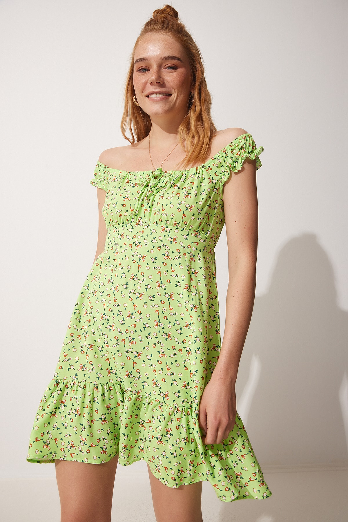 Happiness İstanbul Women's Green Floral Summer Gathered Viscose Dress