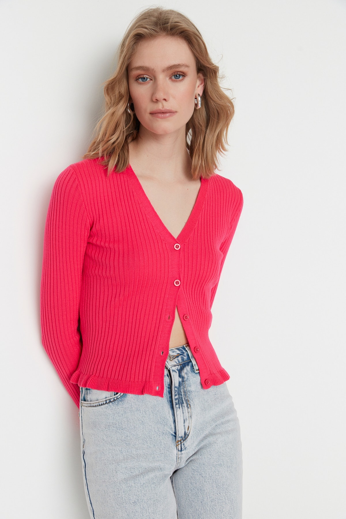 Trendyol Fuchsia Ruffle Detailed Knitwear Cardigan