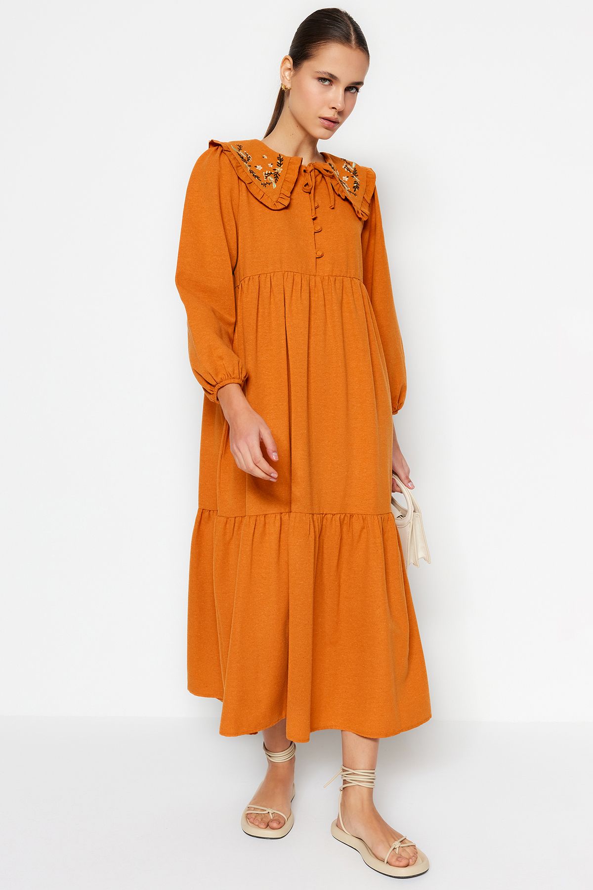 Trendyol Cinnamon Embroidery Detailed Linen Look Woven Dress