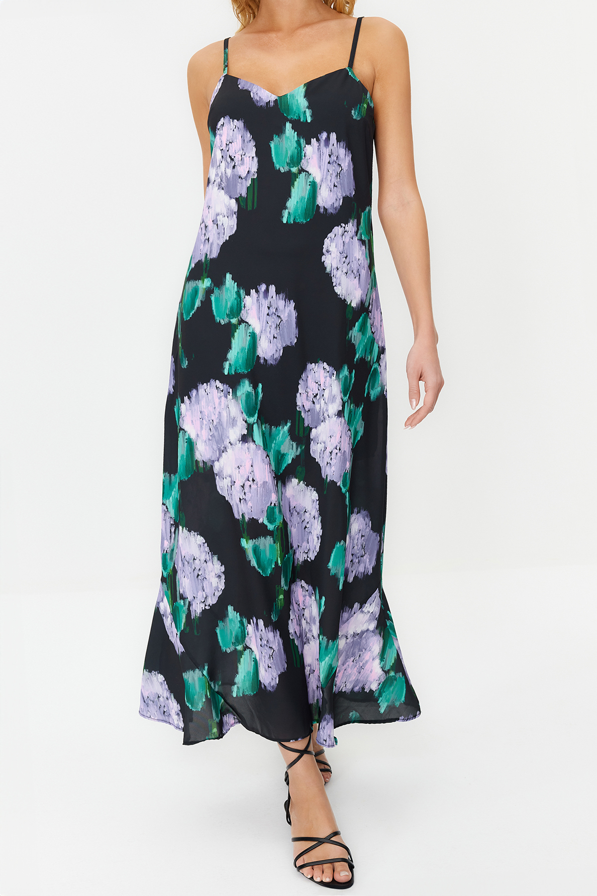 Trendyol Black Floral Print Straight Cut Strap Midi Satin Woven Dress